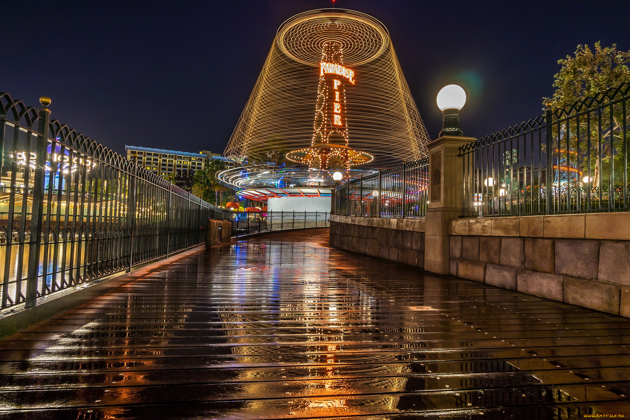 paradise, pier, after, world, of, color, города, диснейленд, огни, фонари, мост, ночь