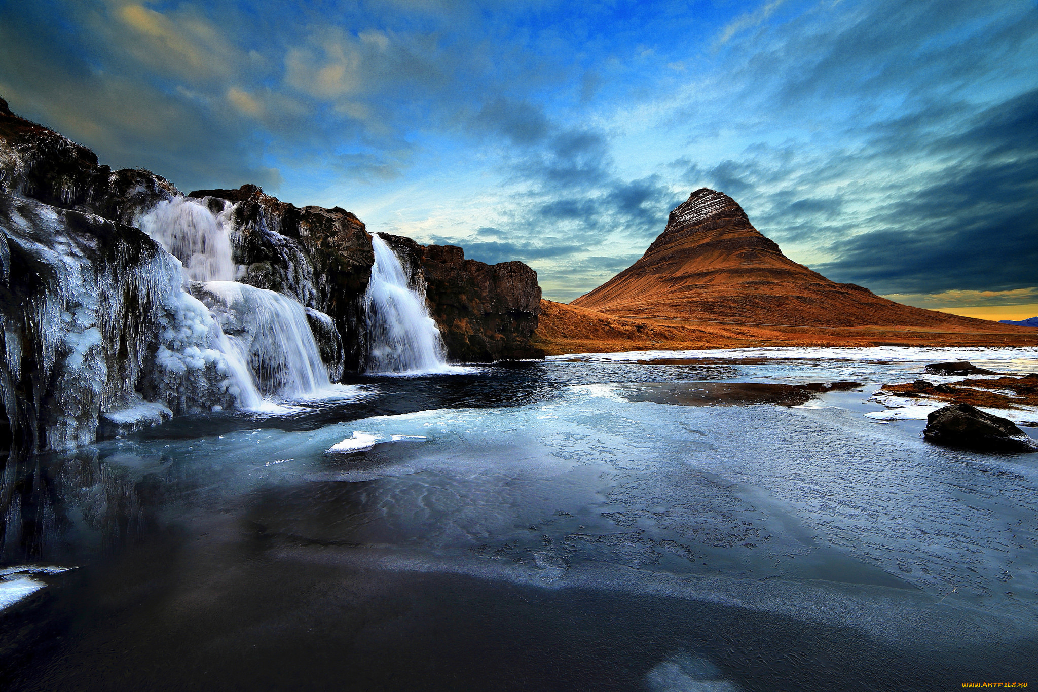природа, водопады, небо, водопад, скалы, вулкан, гора, kirkjufell, исландия