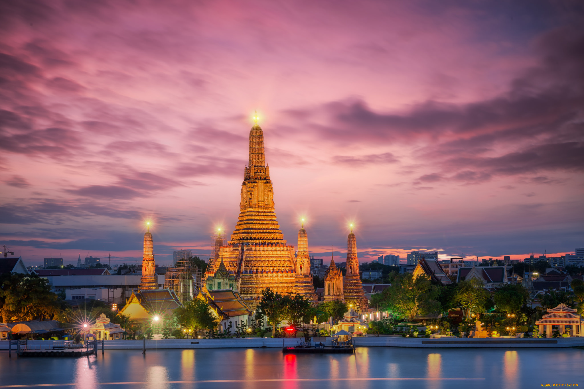 temple, in, bangkok, города, бангкок, , таиланд, ночь, река, храм, огни