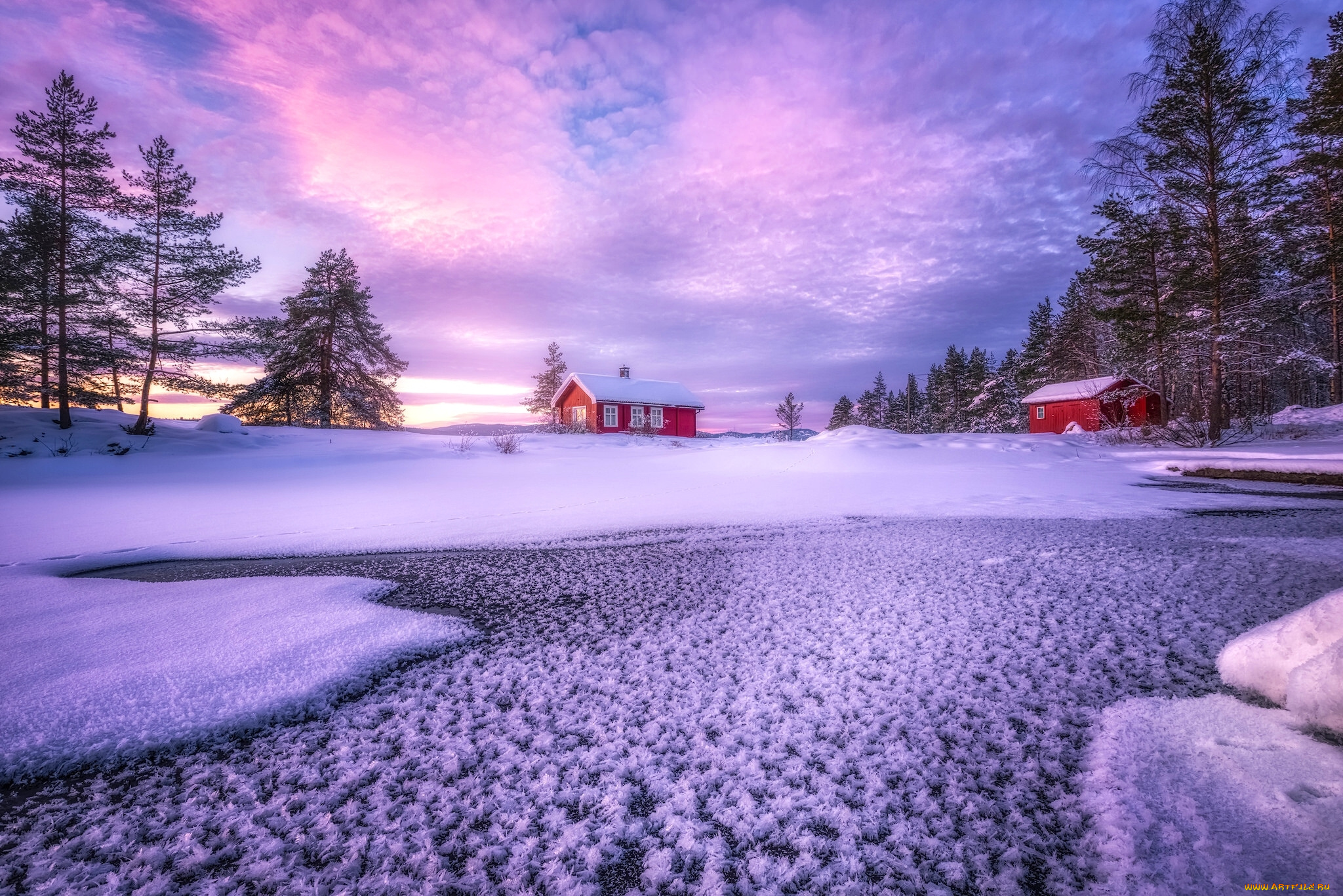 природа, зима, озеро, норвегия, norway, ringerike, рингерике, деревья, облака, дома, снег