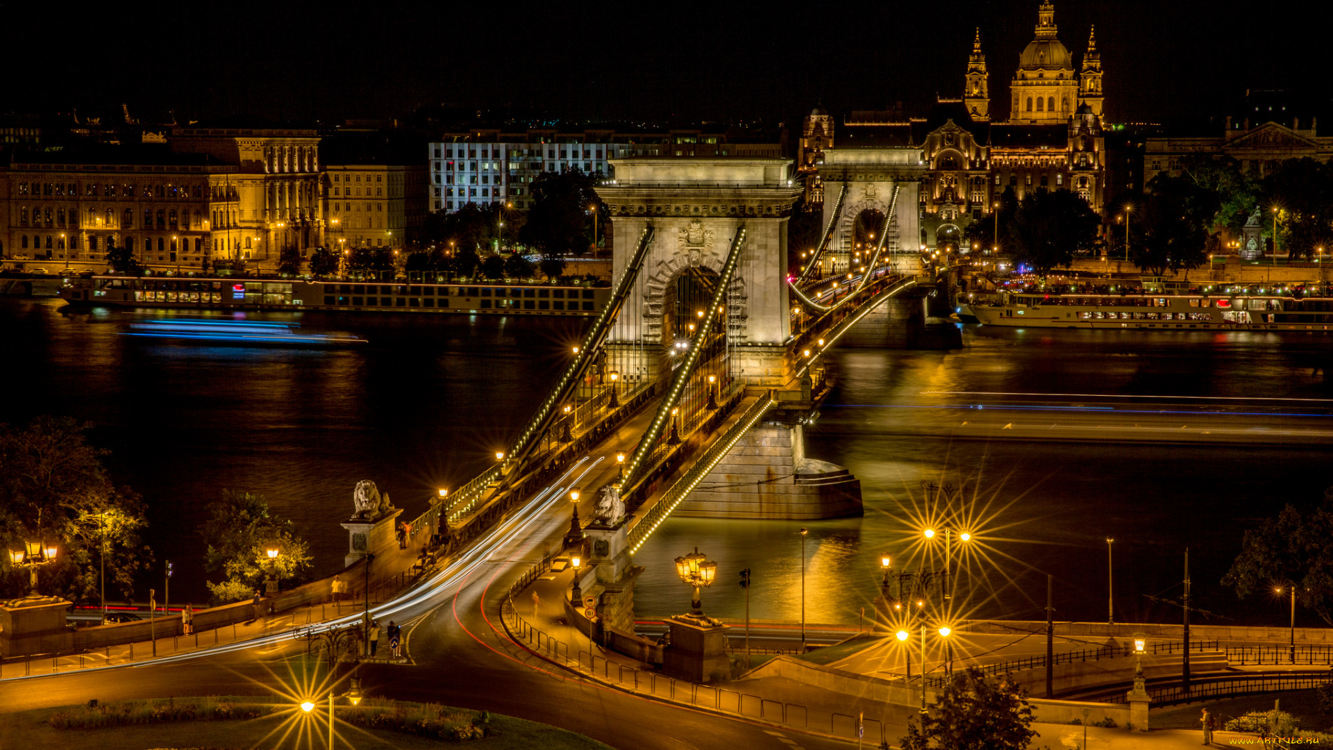 chain, bridge, at, budapest, города, будапешт, , венгрия, мост, ночь, огни