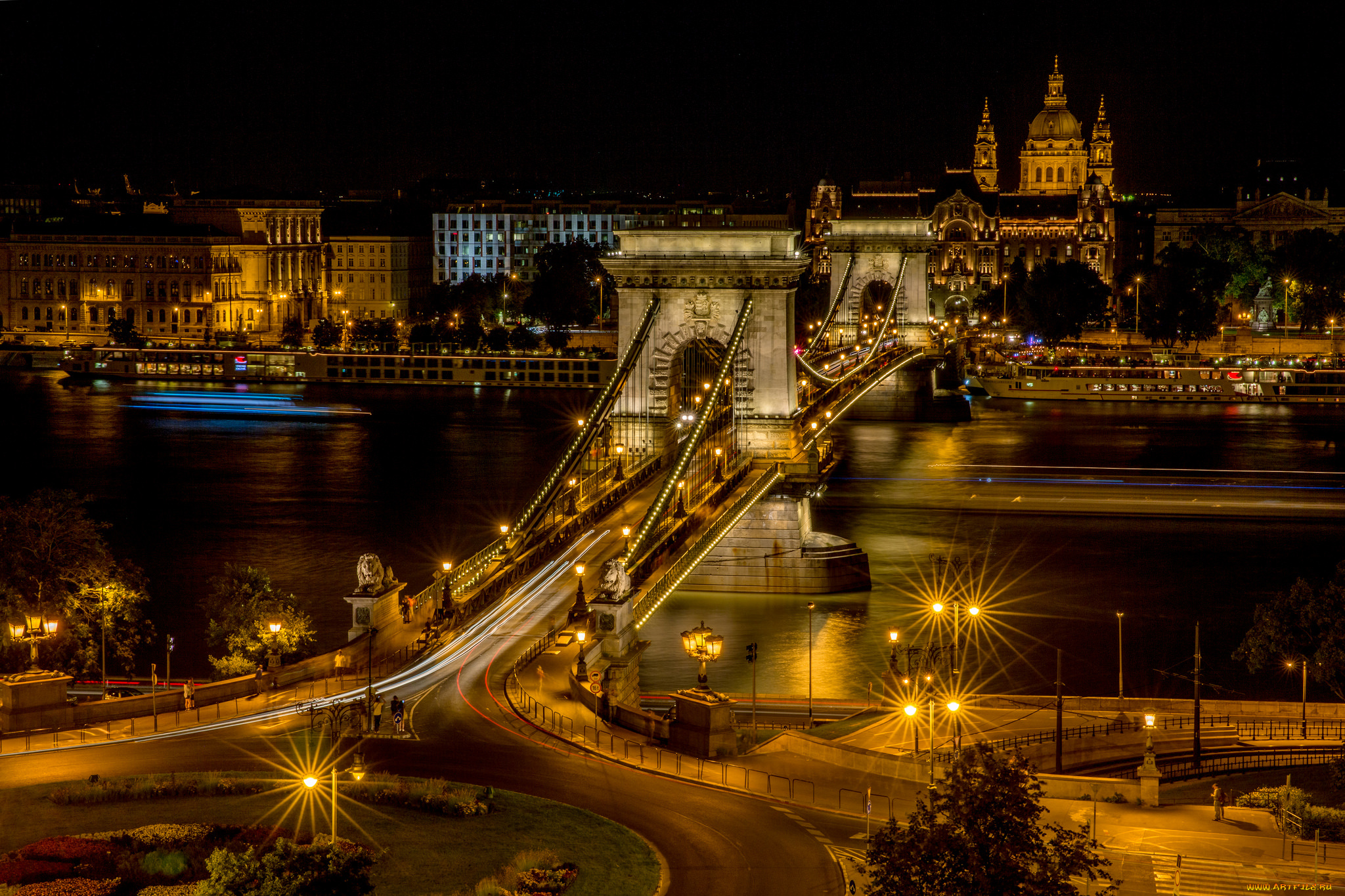 chain, bridge, at, budapest, города, будапешт, , венгрия, мост, ночь, огни
