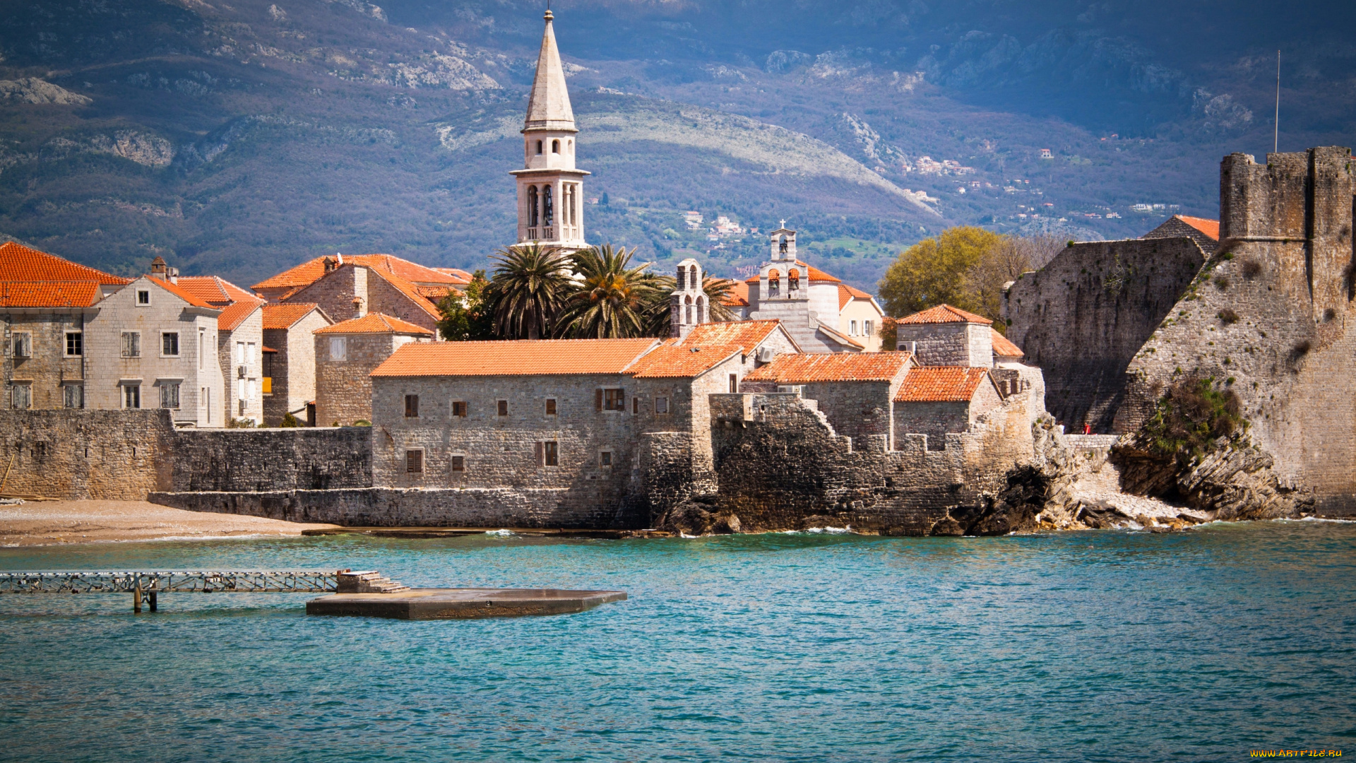 черногория, , будва, города, -, улицы, , площади, , набережные, здания, море, горы, дома, пирс
