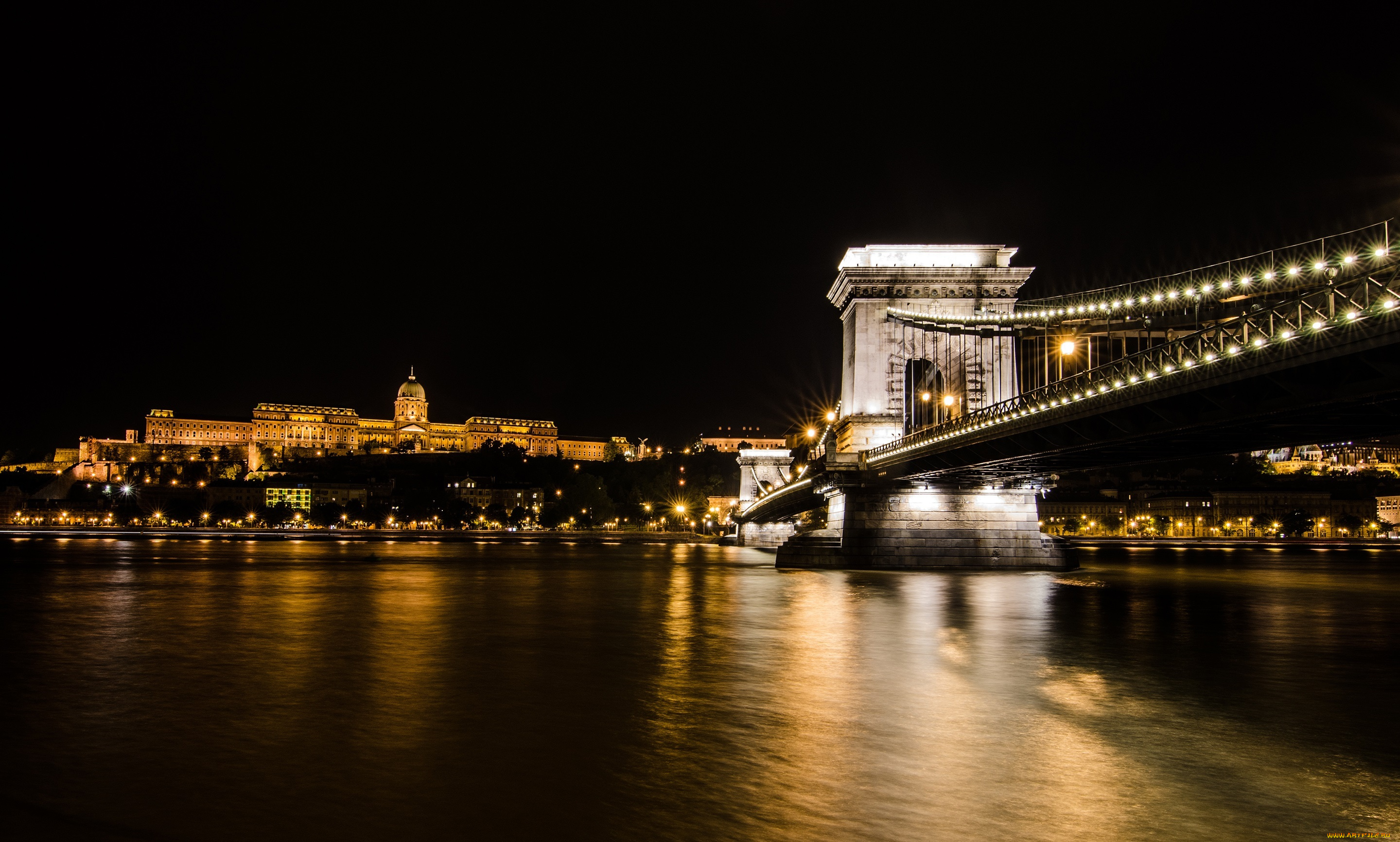 города, будапешт, , венгрия, ночь, река, огни, мост, здания