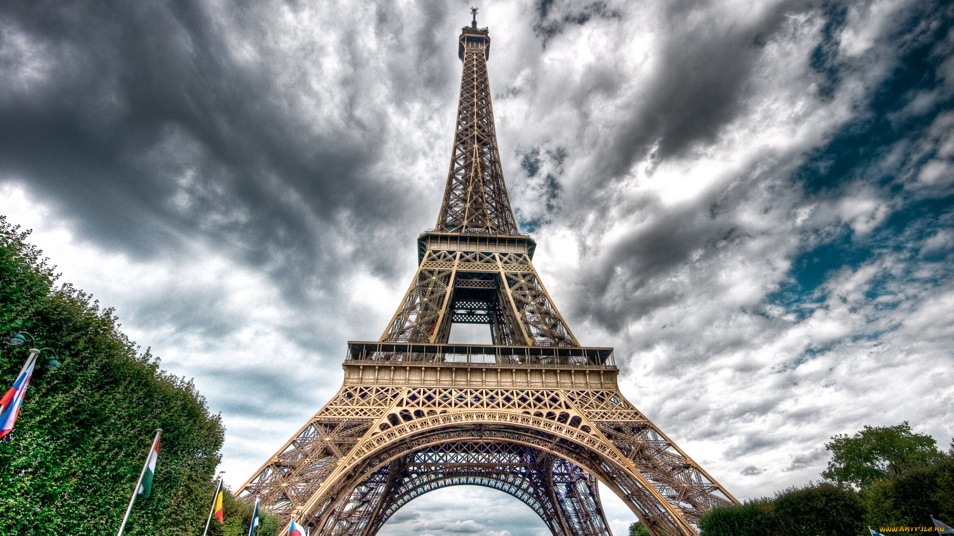 города, париж, франция, эйфелева, башня, флаги