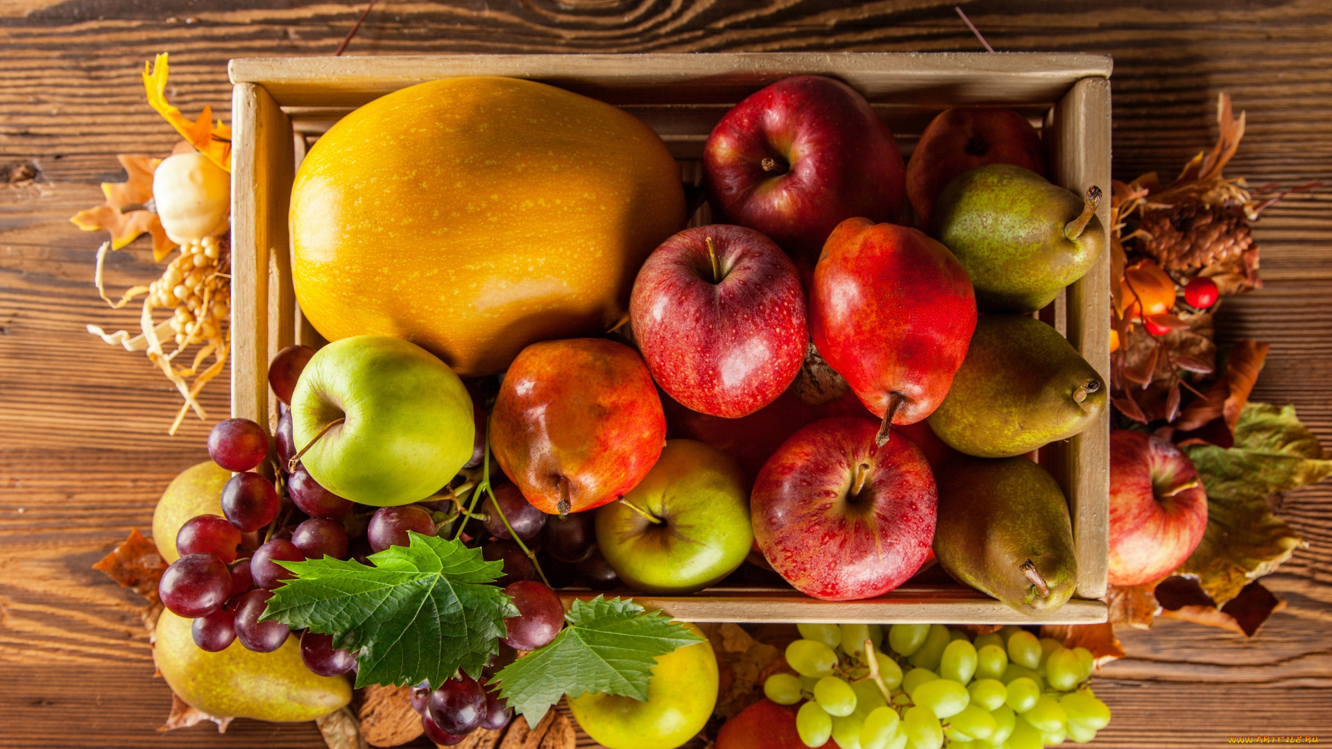 еда, фрукты, и, овощи, вместе, ящик, листья, виноград, груша, тыква