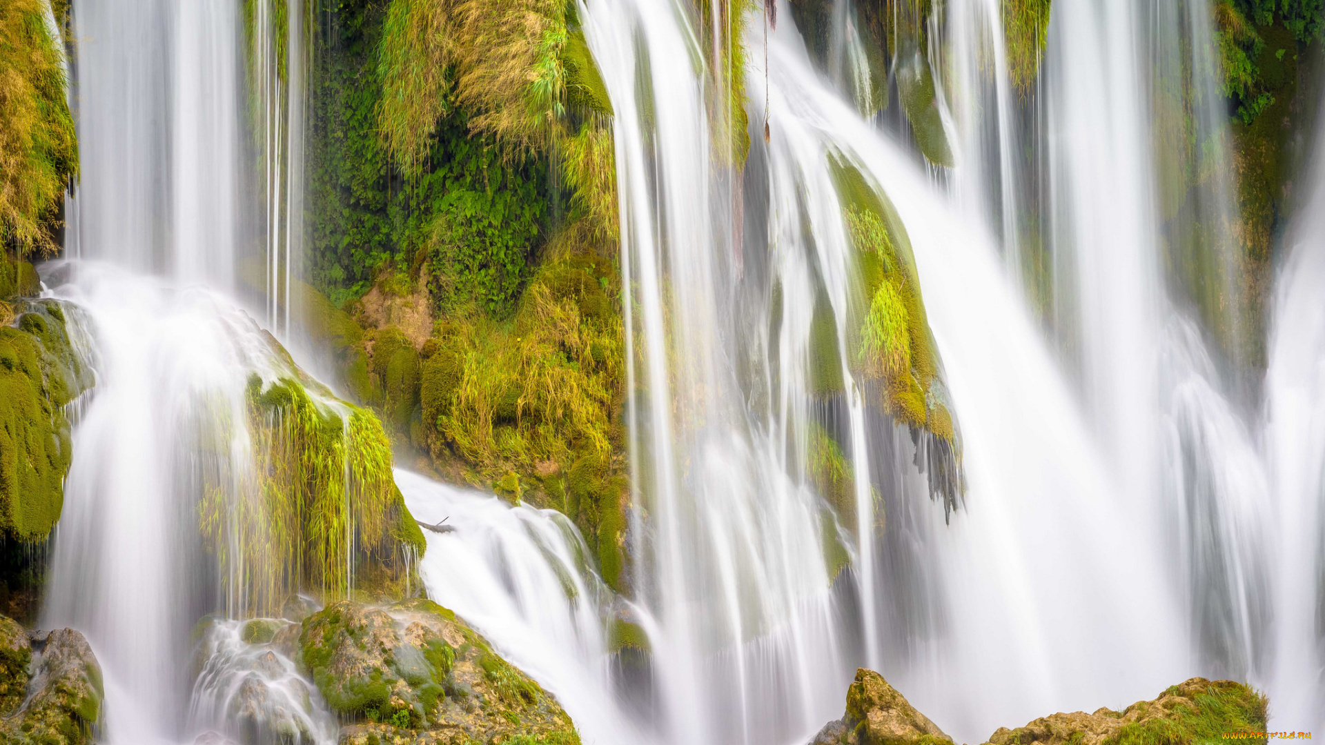 природа, водопады, потоки, вода, зелень, водопад