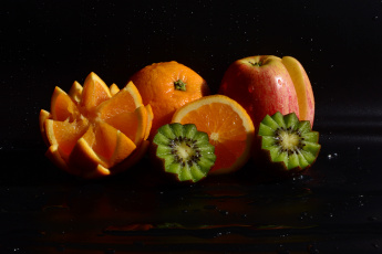 Картинка еда фрукты +ягоды цитрусы яблоко апельсин киви