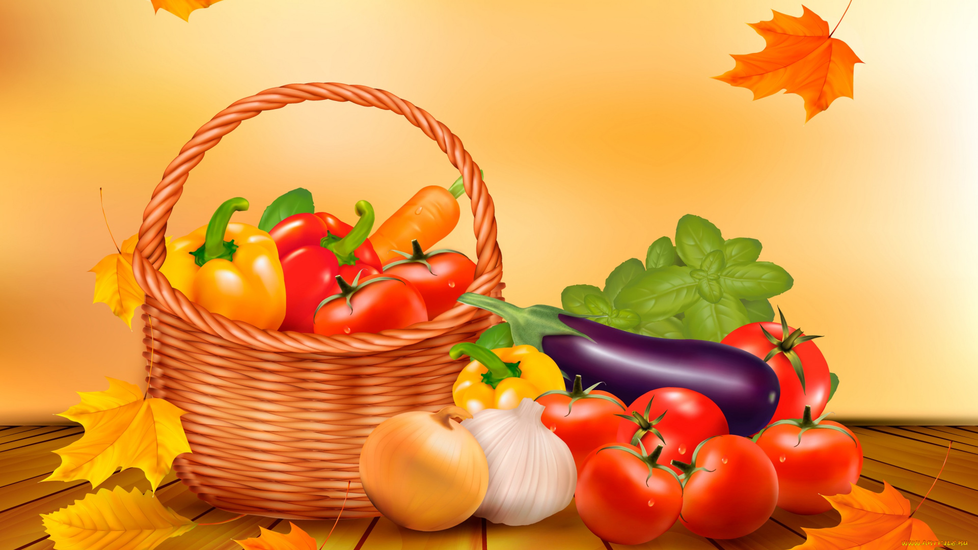 векторная, графика, еда, , food, harvest, still, life, vegetables, осень, листья, урожай, тыква, овощи, корзина