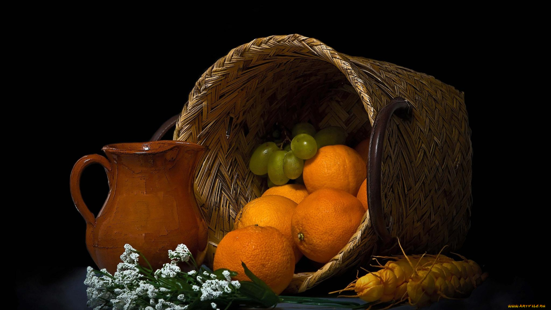 еда, натюрморт, фрукты, корзина, виноград, апельсины