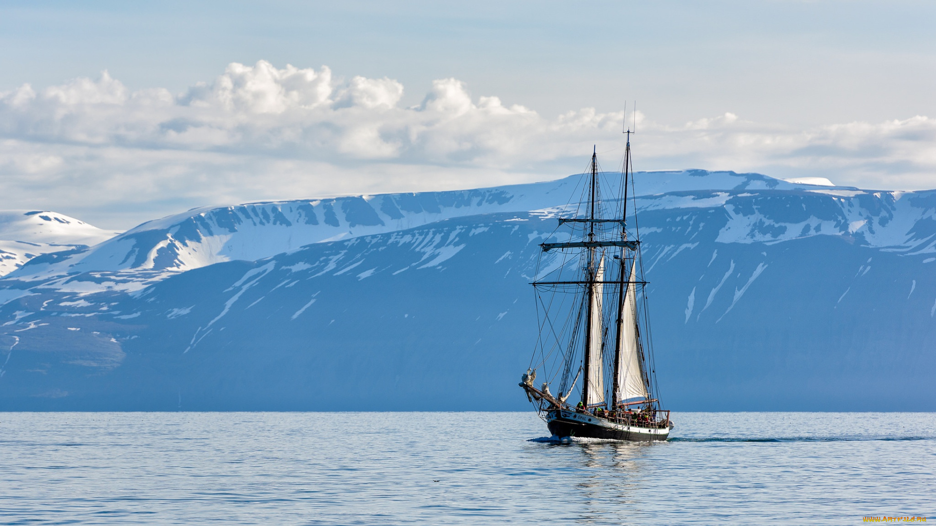 корабли, парусники, облака, небо, исландия, море, парусник, iceland, горы, husavik