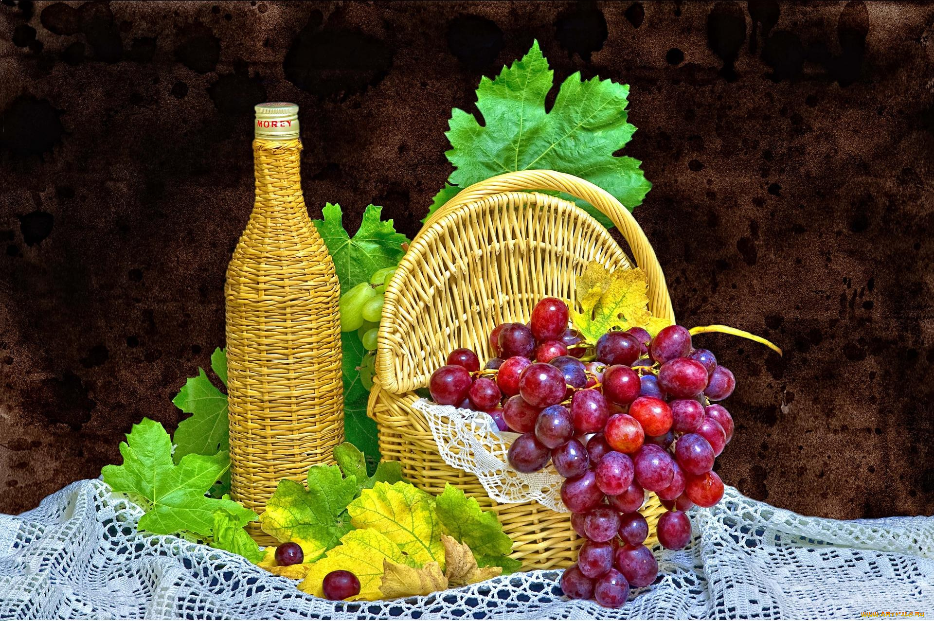 еда, натюрморт, виноград, ягода, корзина, бутылка