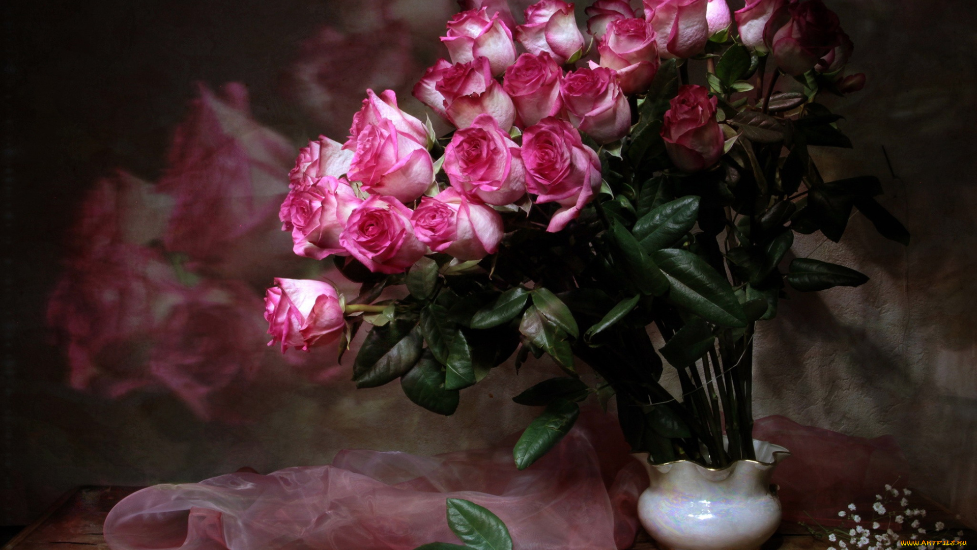цветы, розы, букет, отражение, платок