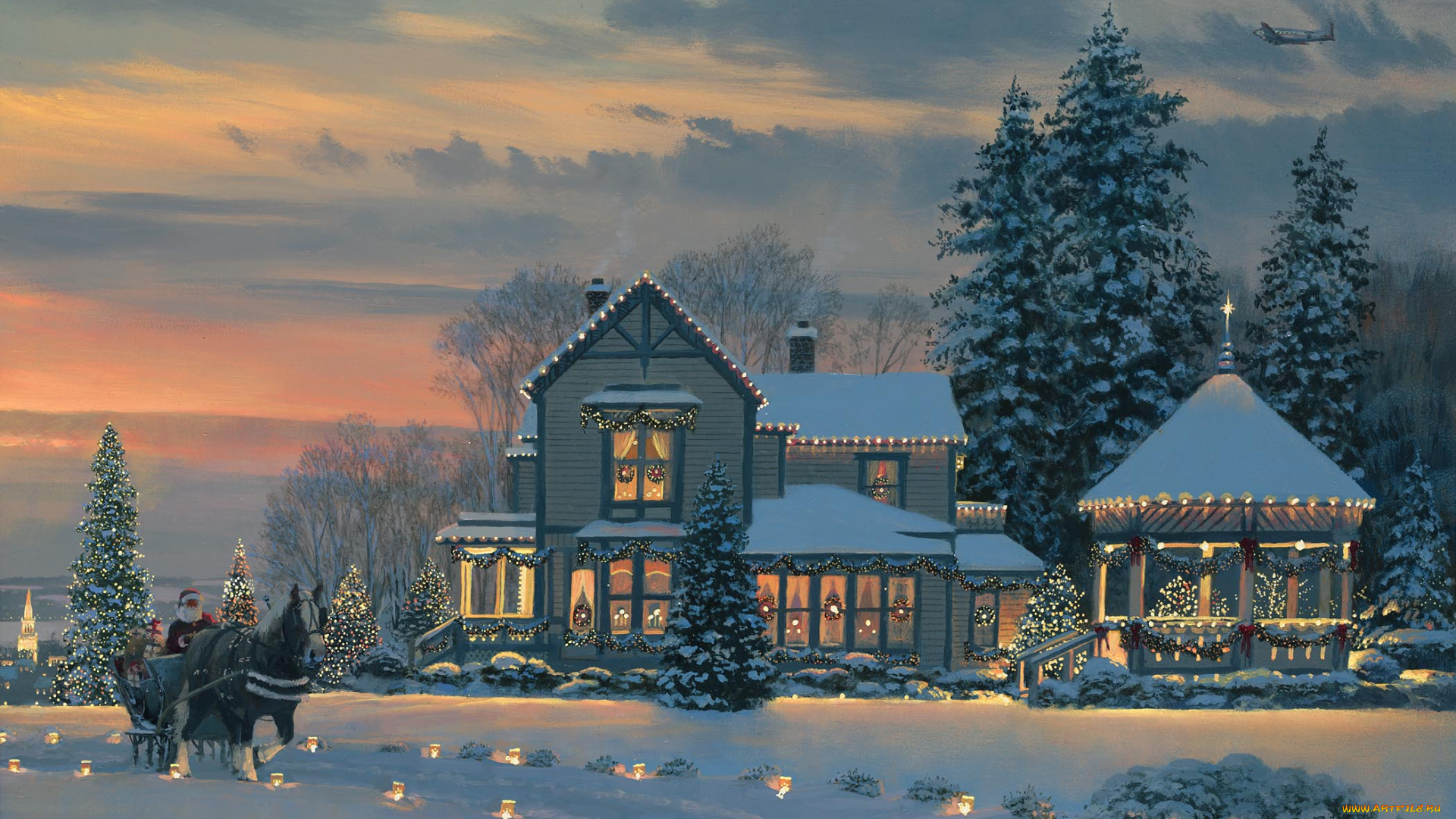 christmas, at, the, winchester, inn, рисованные, william, phillips, коттедж, санта, клаус, рождество, зима