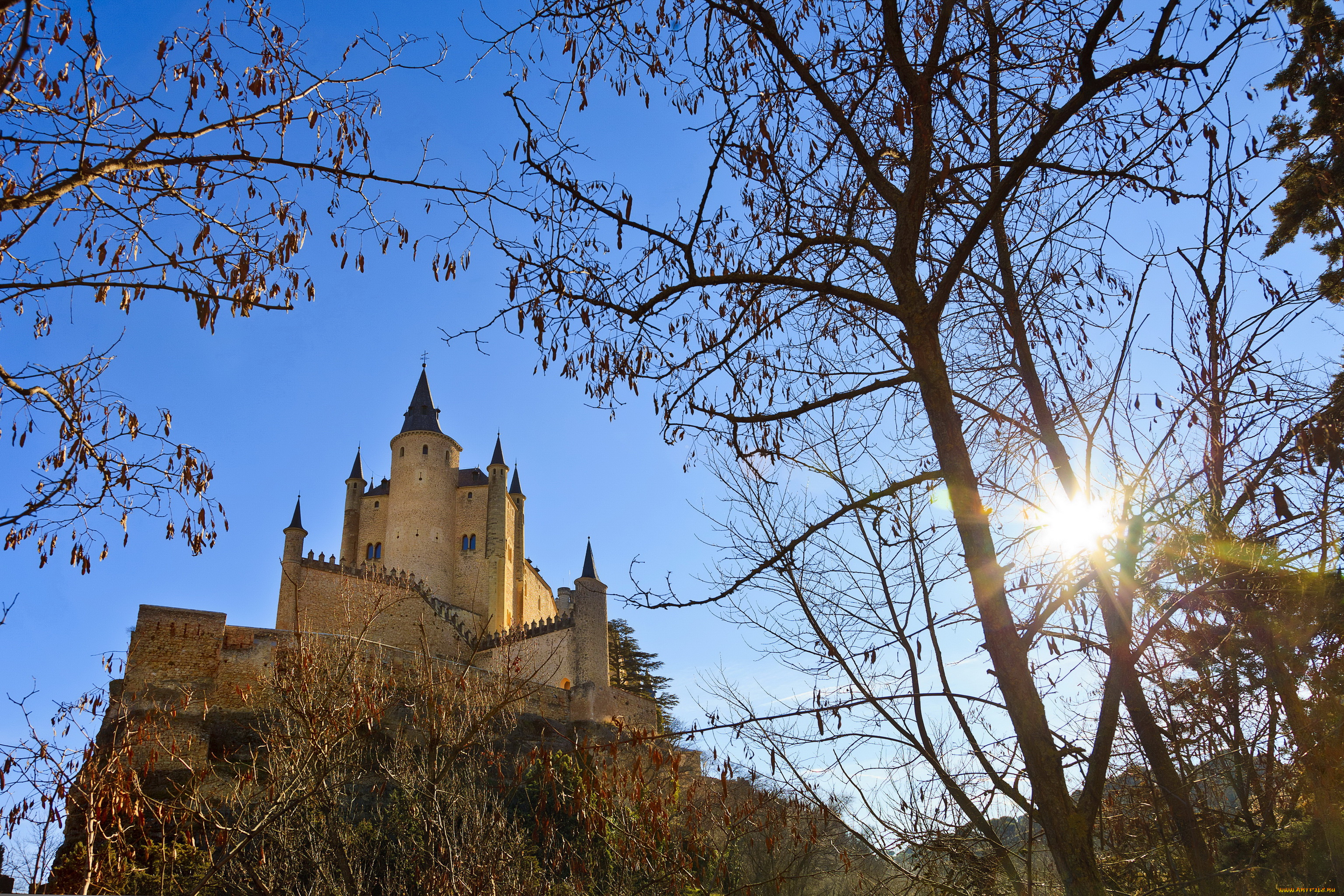 segovia, castle, испания, города, дворцы, замки, крепости, замок, солнце, гора