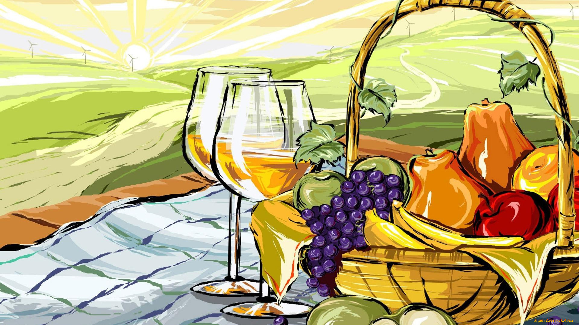рисованные, еда, поле, корзина, фрукты, листья, виноград, яблоки, груши, ветряки, солнце, вино, бокалы, скатерть, бананы, пикник