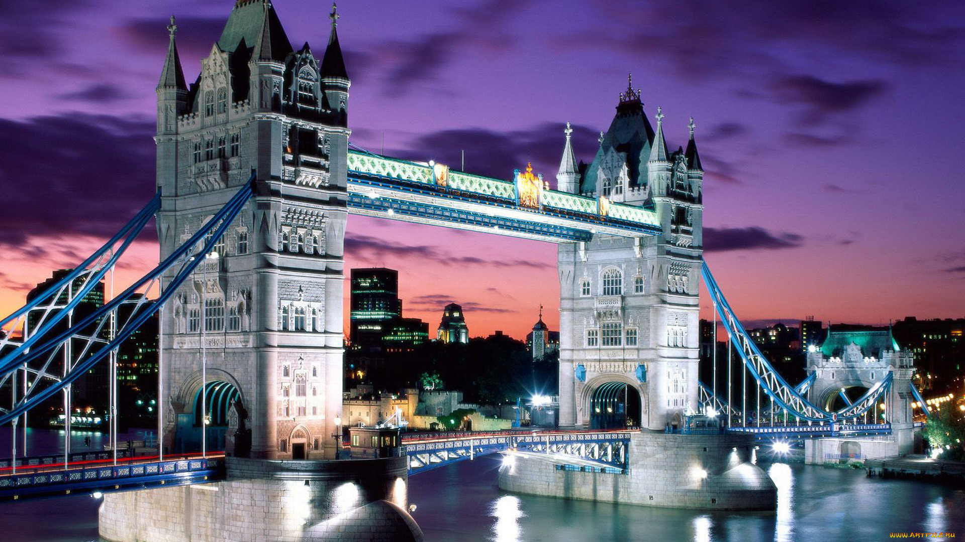 города, лондон, , великобритания, мост, здания, дома, огни, закат, вечер, темза, река
