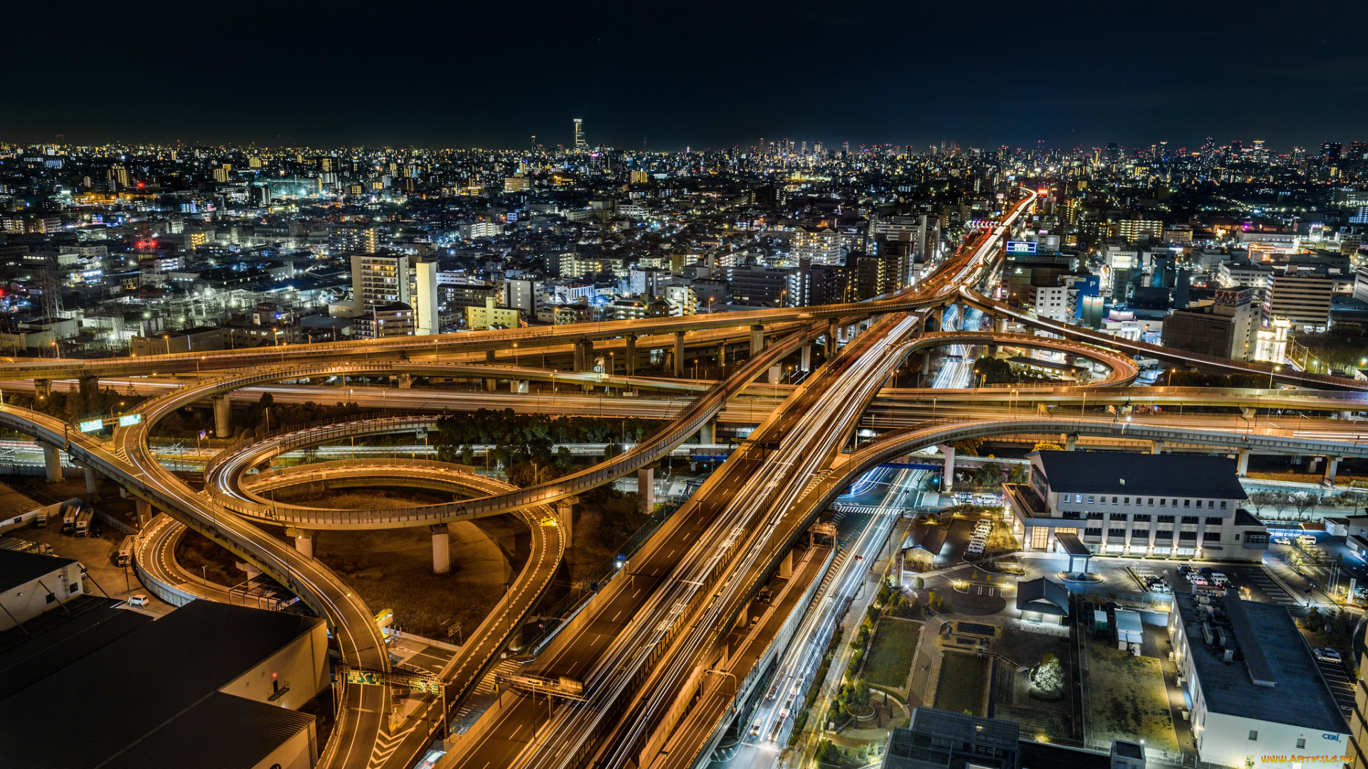 osaka, , japan, города, осака, , Япония, ночь, огни, эстакада