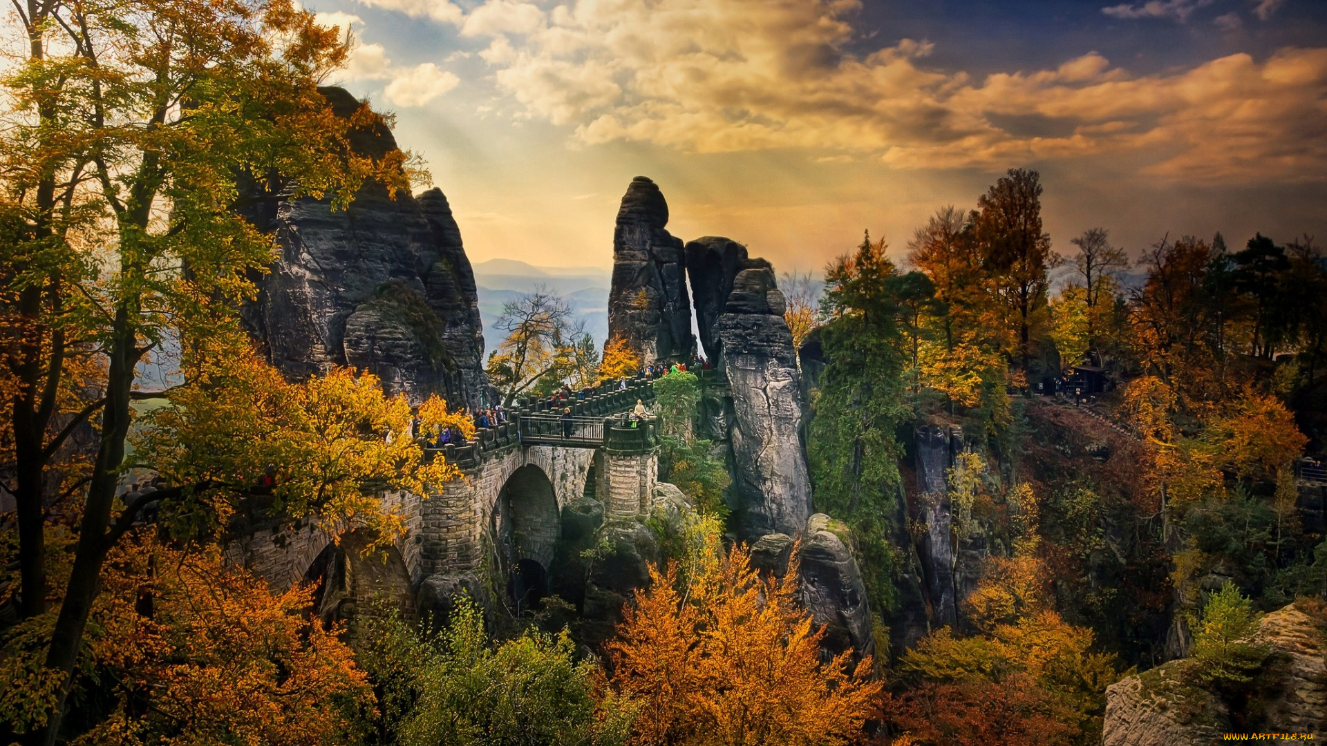природа, горы, бастайский, мост, саксония, германия, деревья, скалы, люди, осень