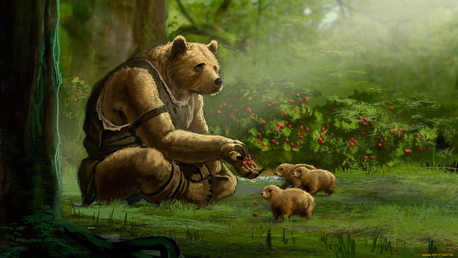 рисованное, животные, медведь