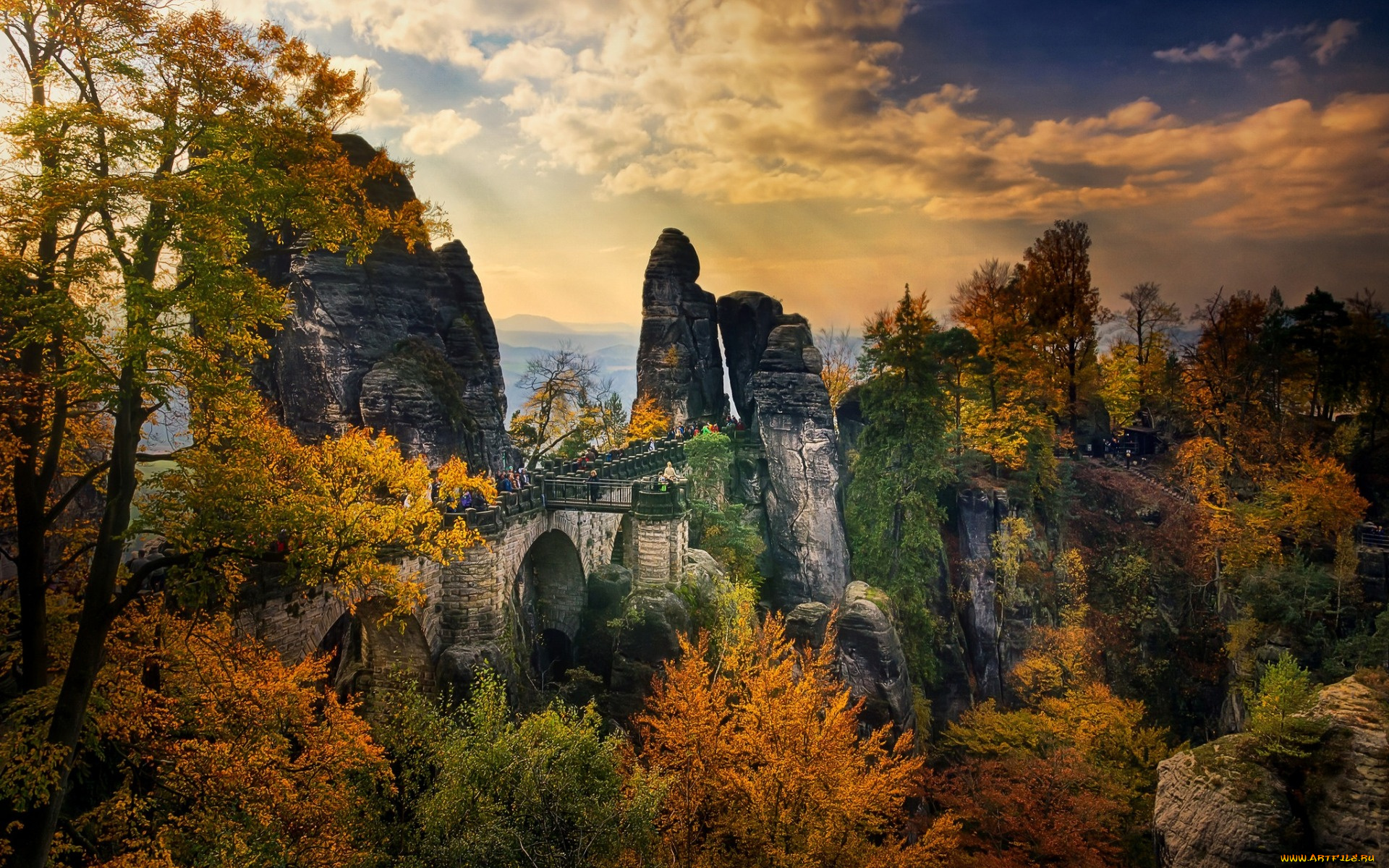 природа, горы, бастайский, мост, саксония, германия, деревья, скалы, люди, осень