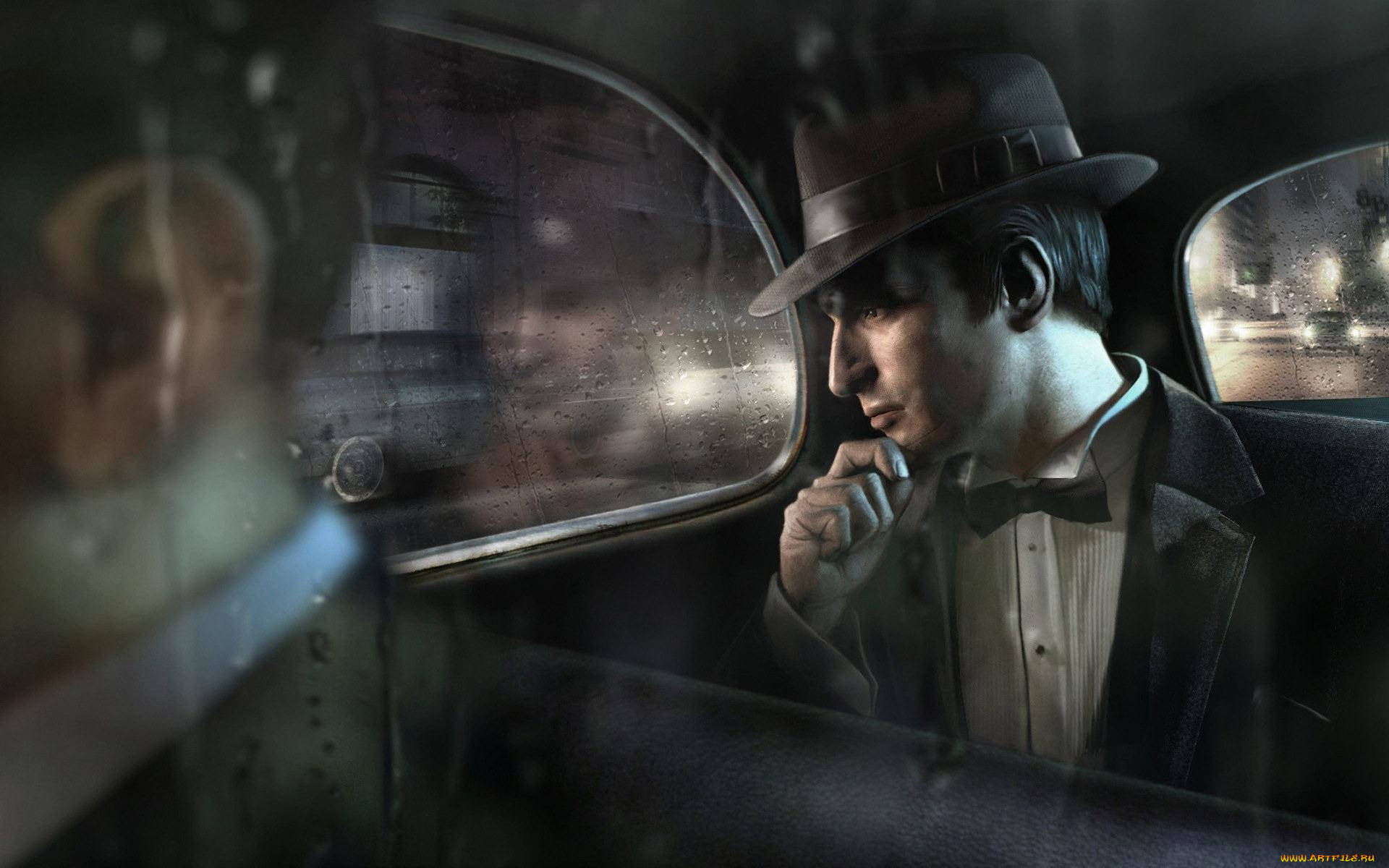 видео, игры, mafia, ii, мафия, водитель, машина, дождь, пассажир, шляпа, костюм