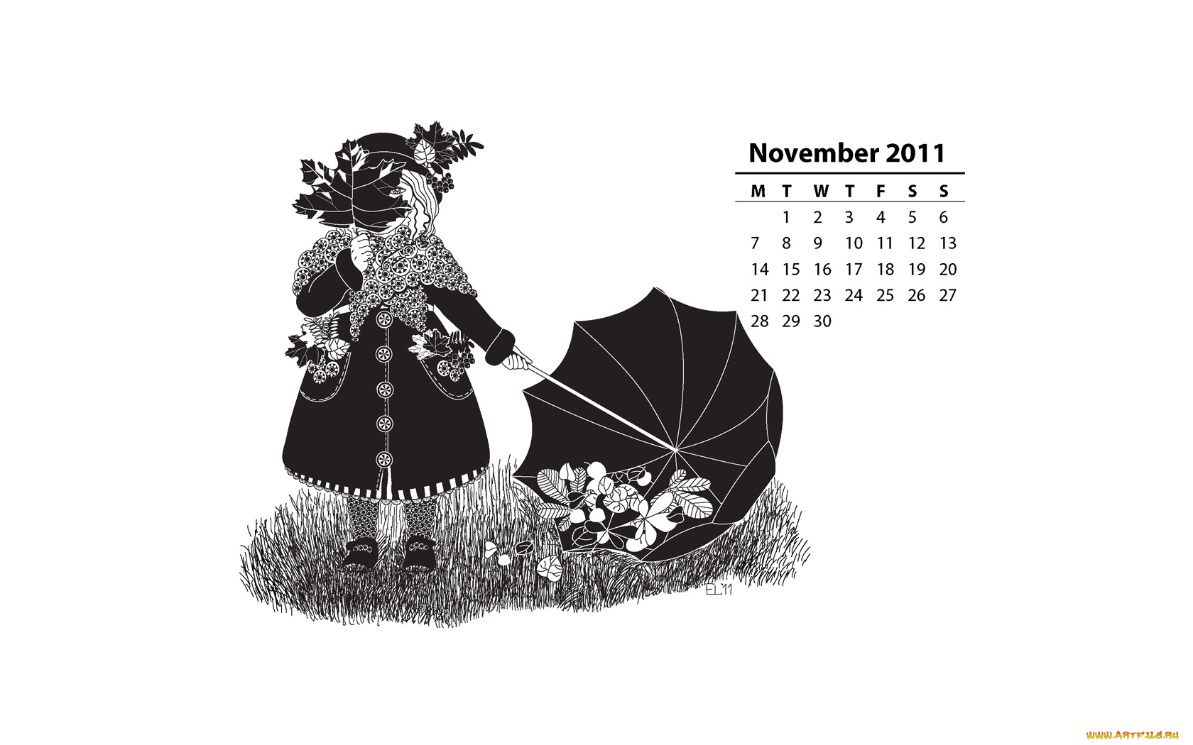 календари, рисованные, векторная, графика, девочка, зонт, листья