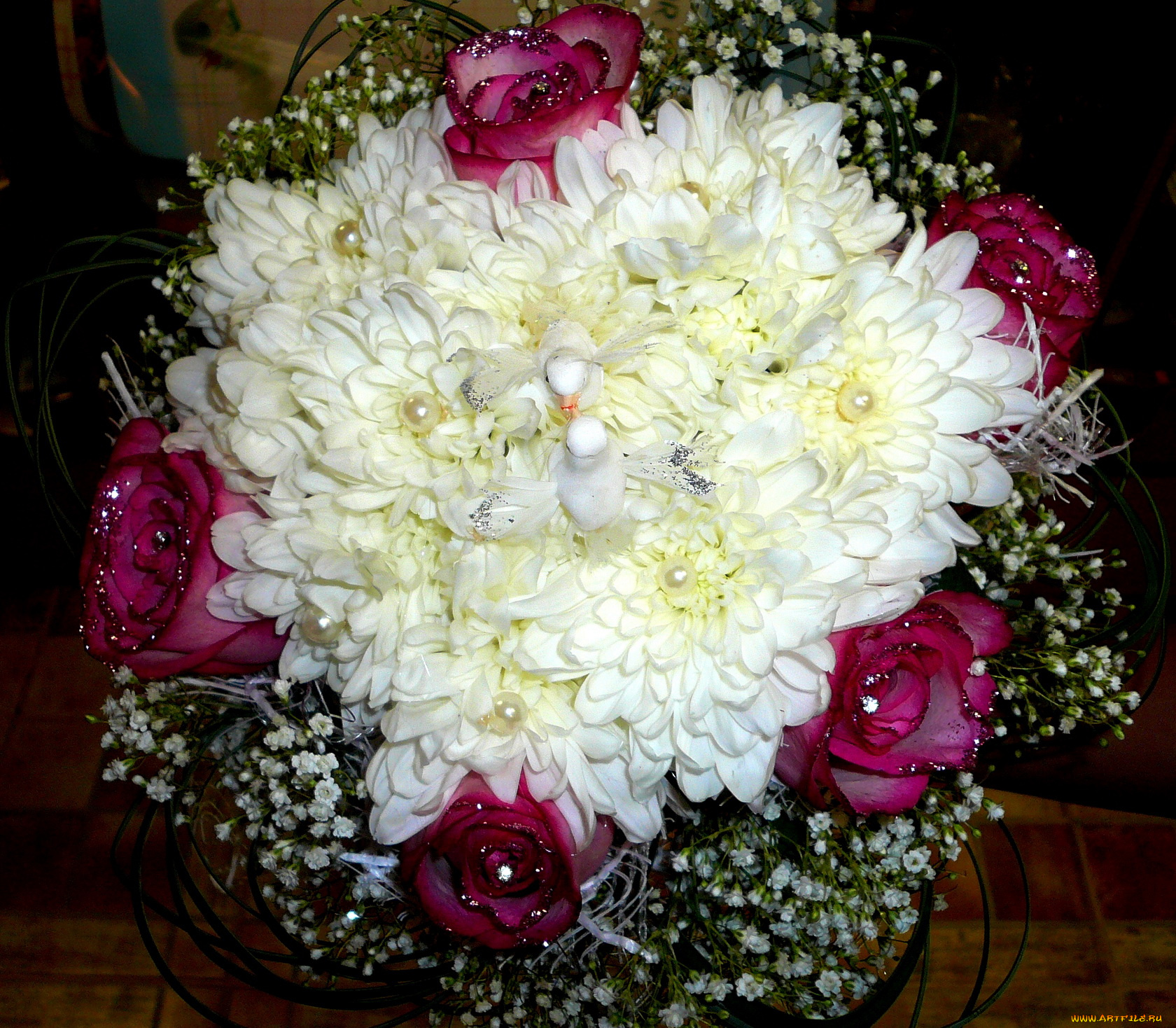 цветы, букеты, композиции, розы, хризантемы, гипсофила, блестки, бусинки