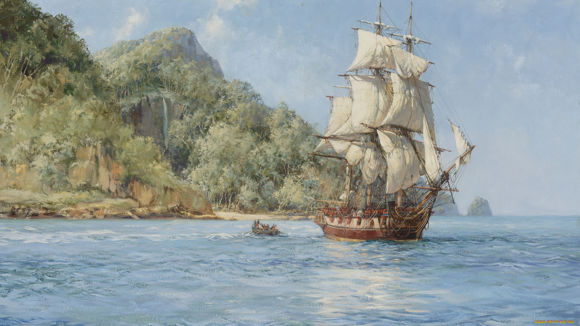 montague, dawson, рисованные, фрегат, море, парусник, шлюпка, лодка, берег, остров