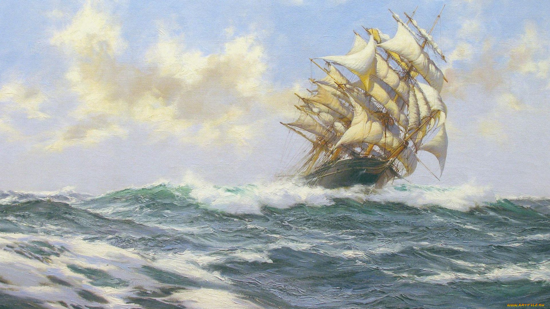 montague, dawson, рисованные, море, парусник