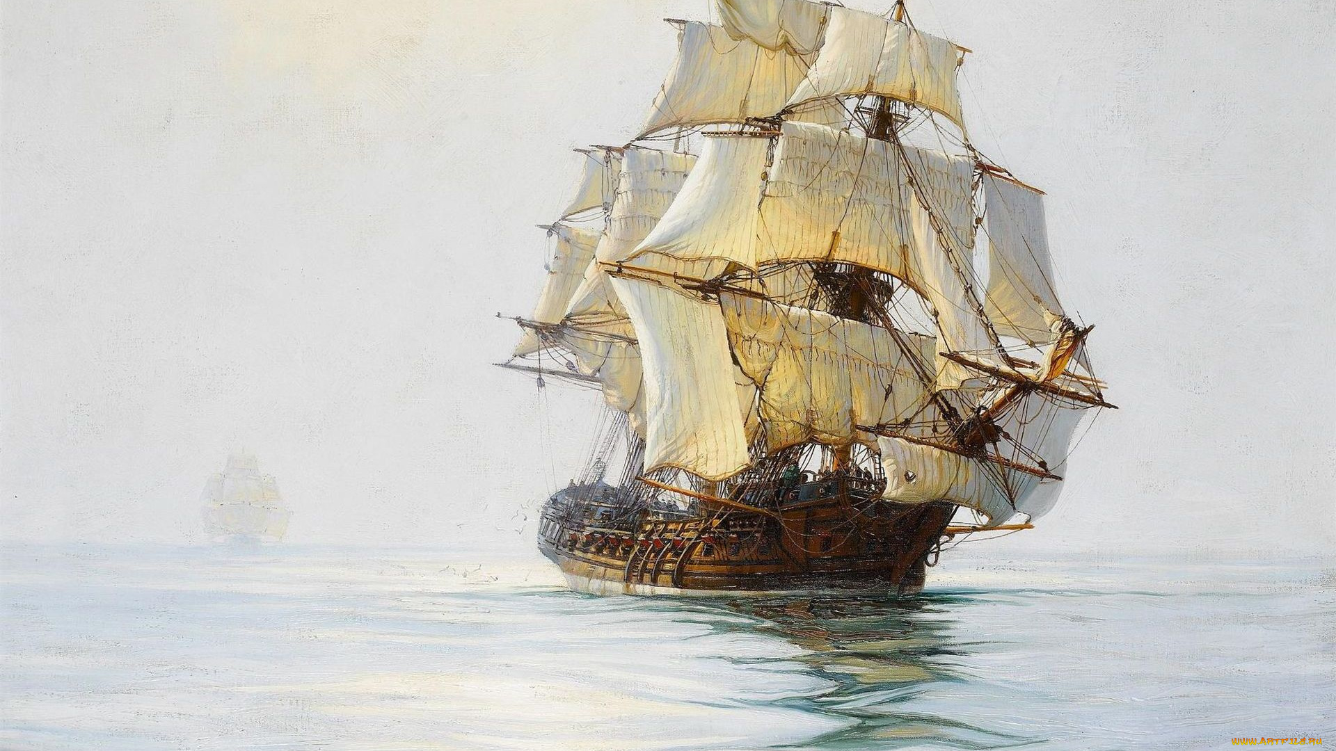 montague, dawson, рисованные, море, парусник, фрегат