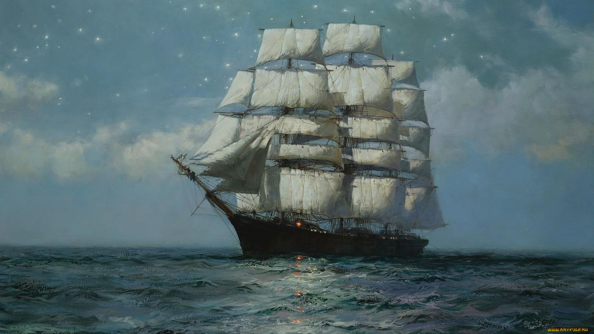 montague, dawson, рисованные, море, парусник, звёздное, небо