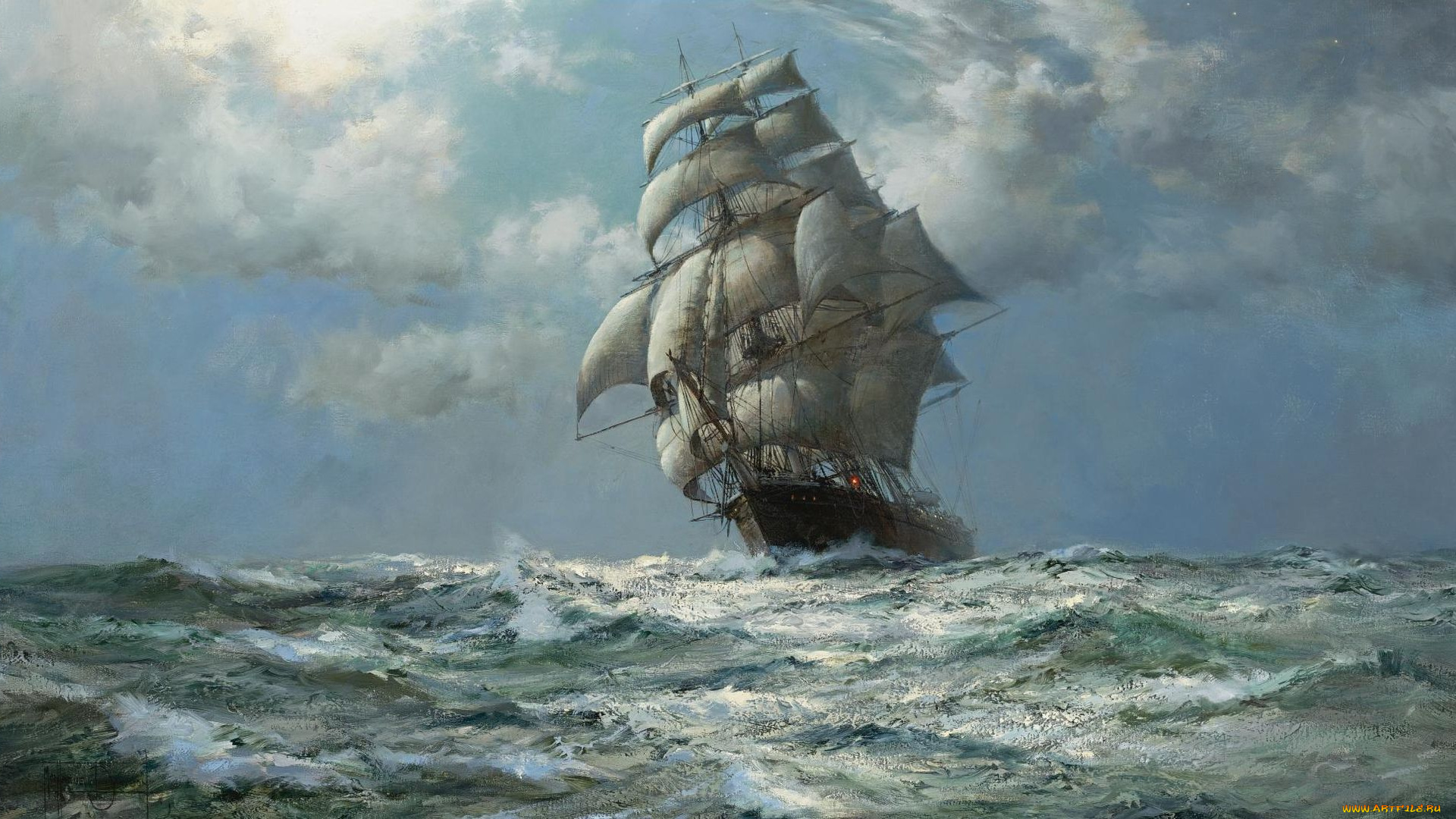 montague, dawson, рисованные, парусник, море