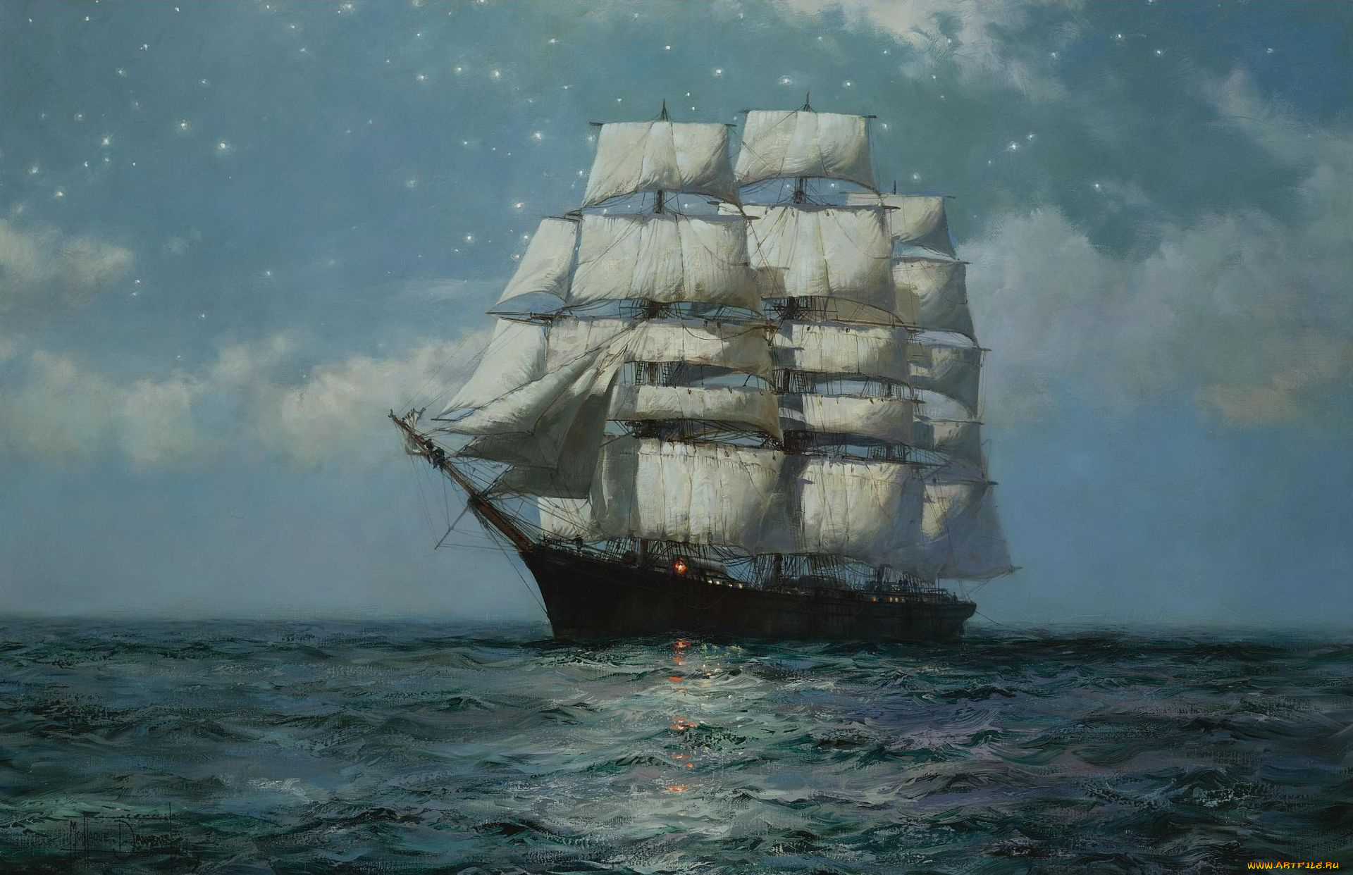 montague, dawson, рисованные, море, парусник, звёздное, небо