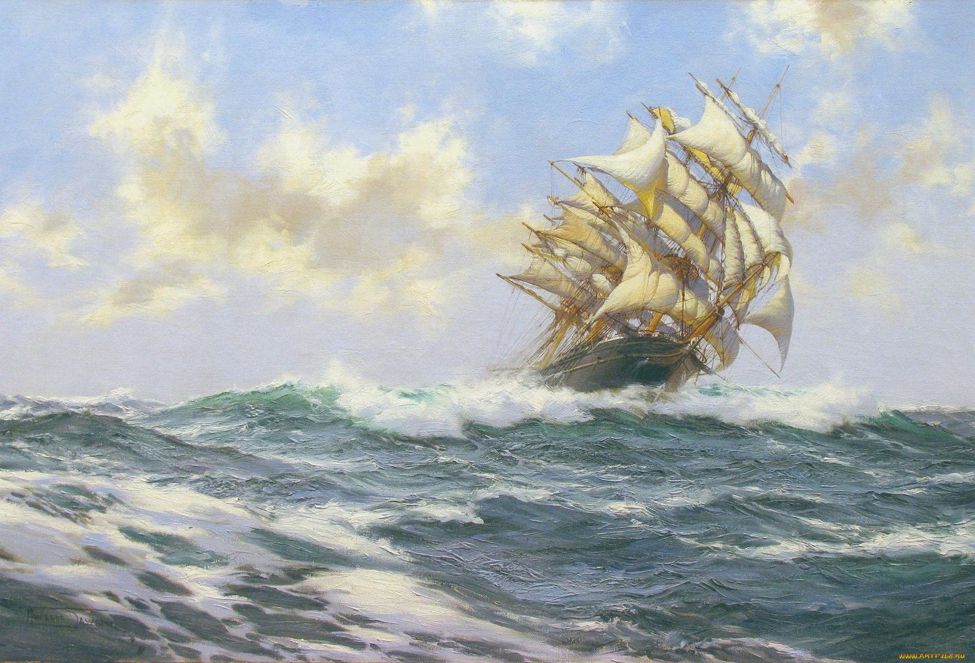 montague, dawson, рисованные, море, парусник