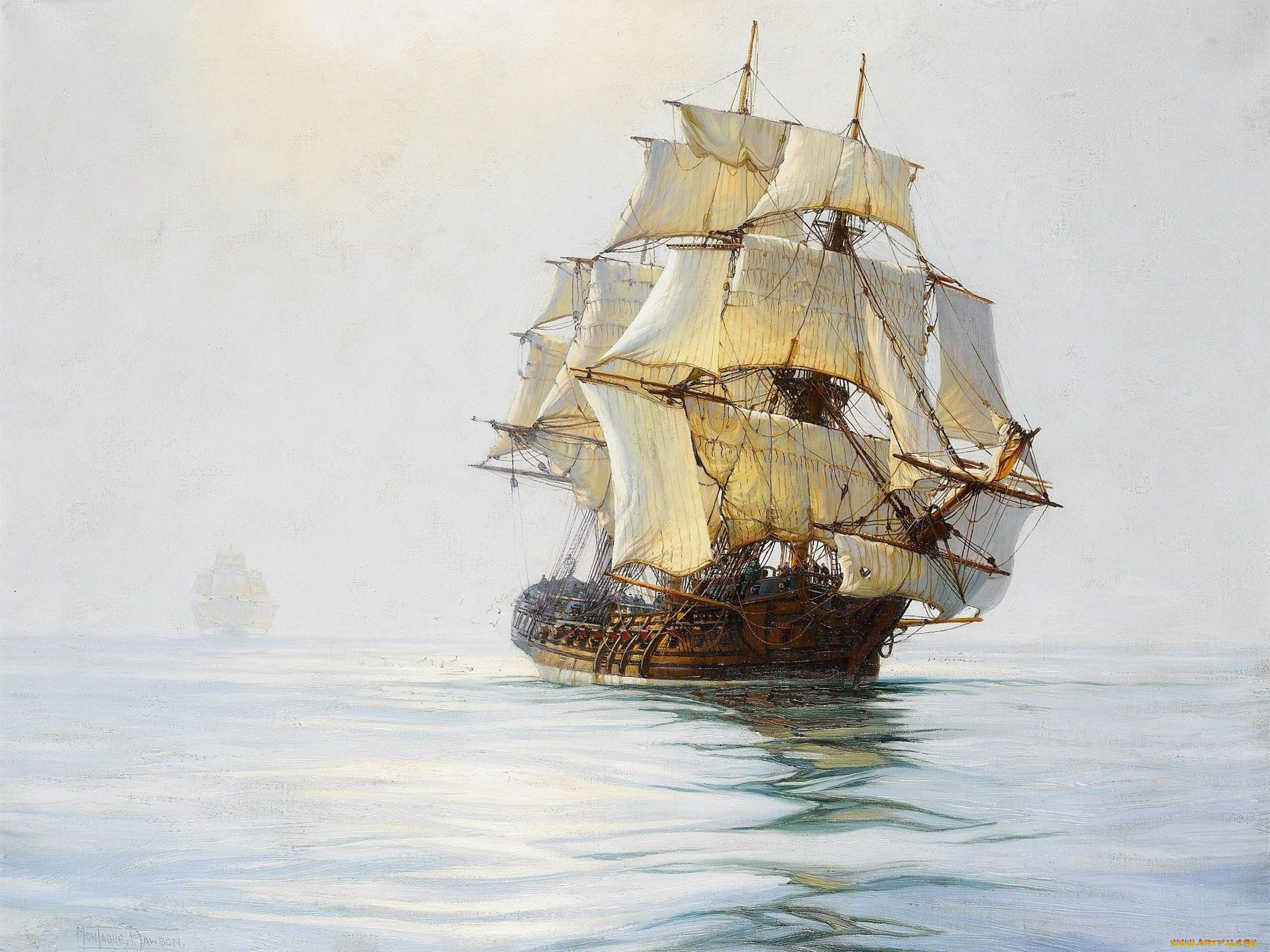 montague, dawson, рисованные, море, парусник, фрегат