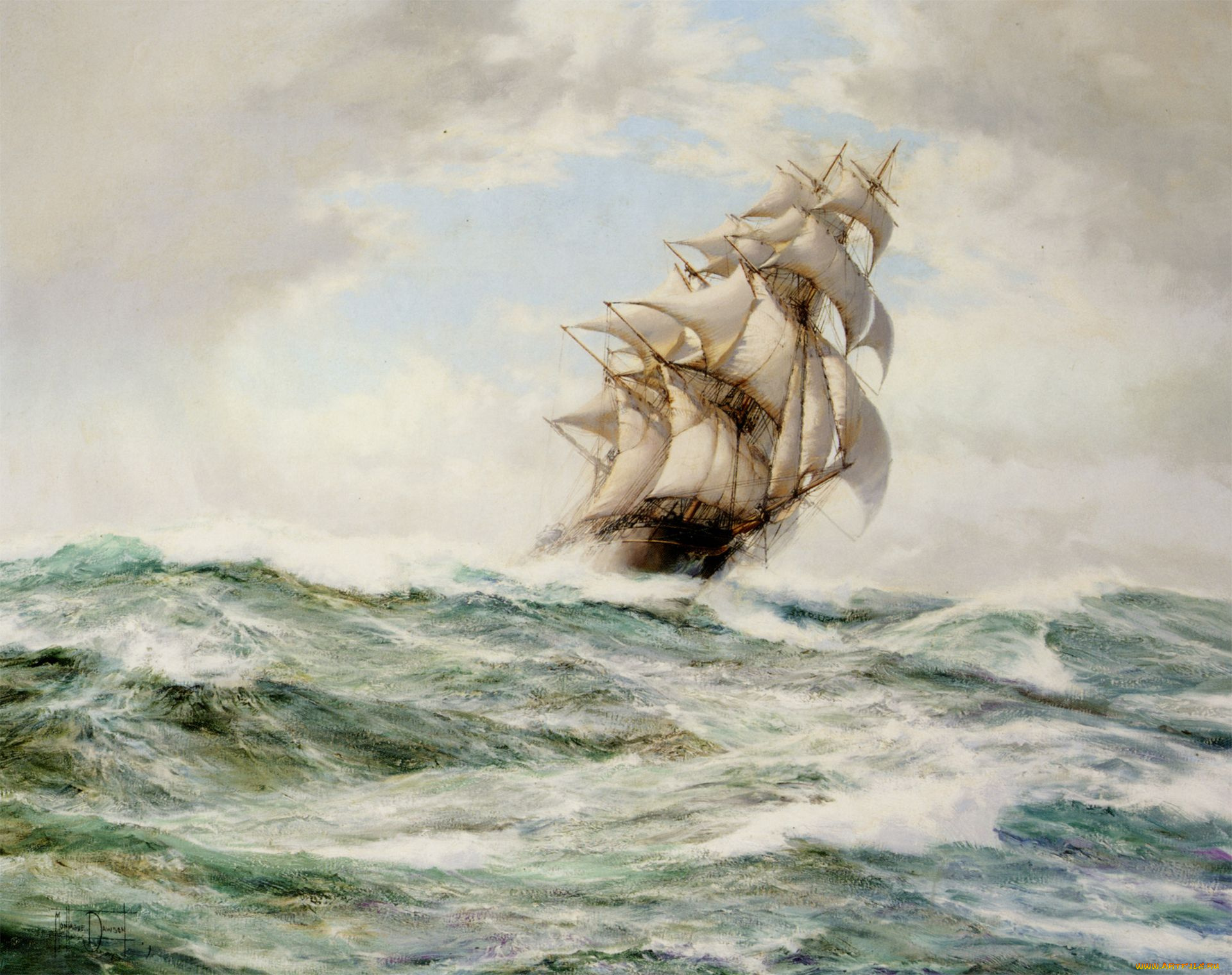 montague, dawson, рисованные, море, парусник