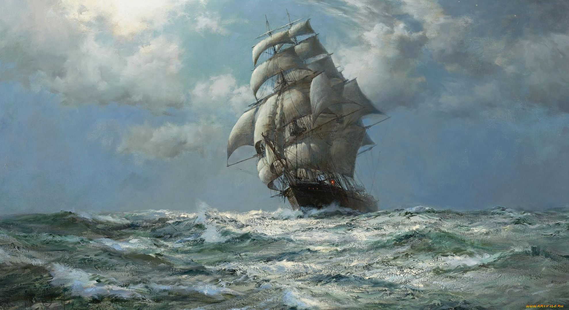 montague, dawson, рисованные, парусник, море