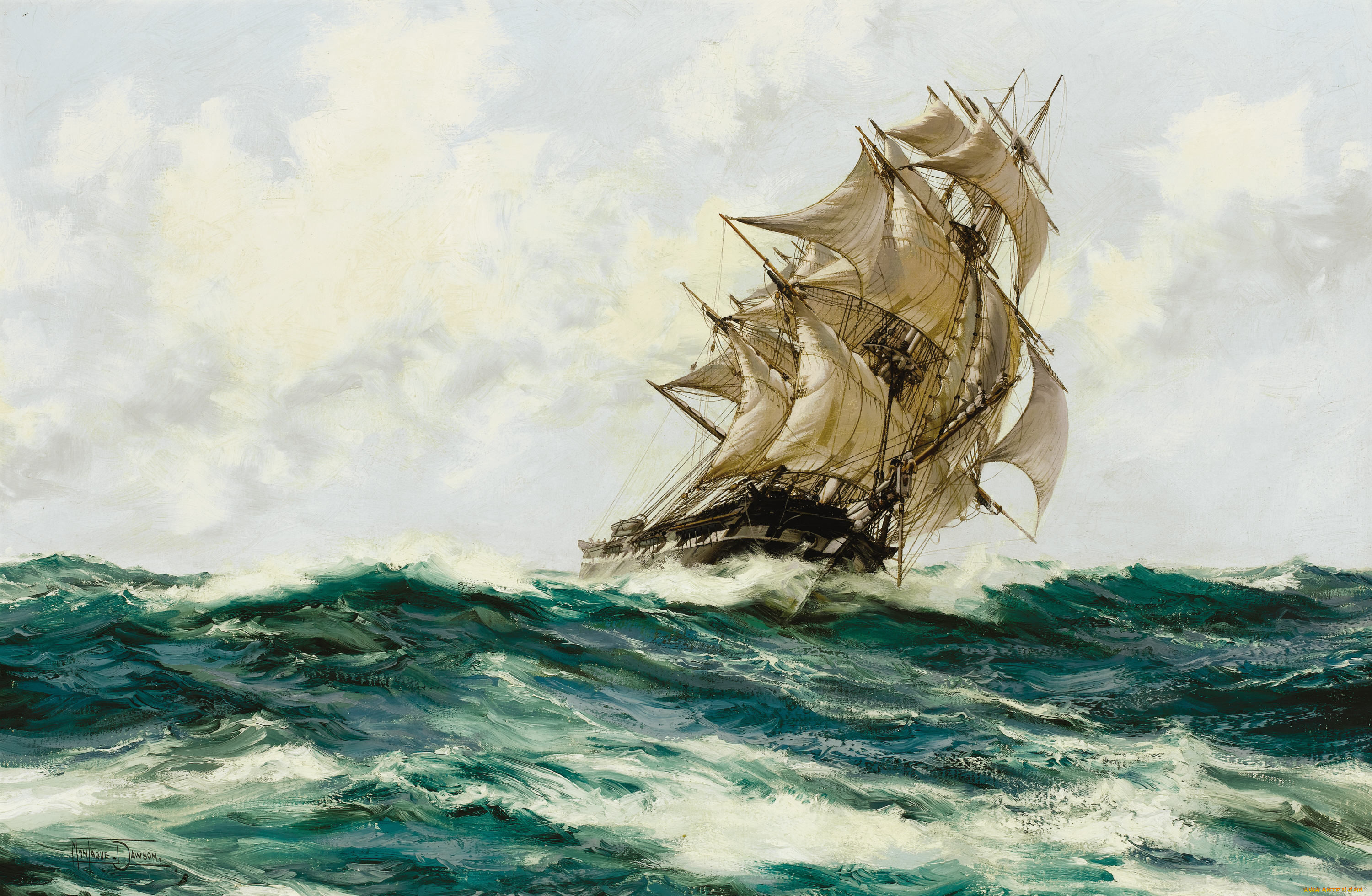 montague, dawson, рисованные, море, парусник
