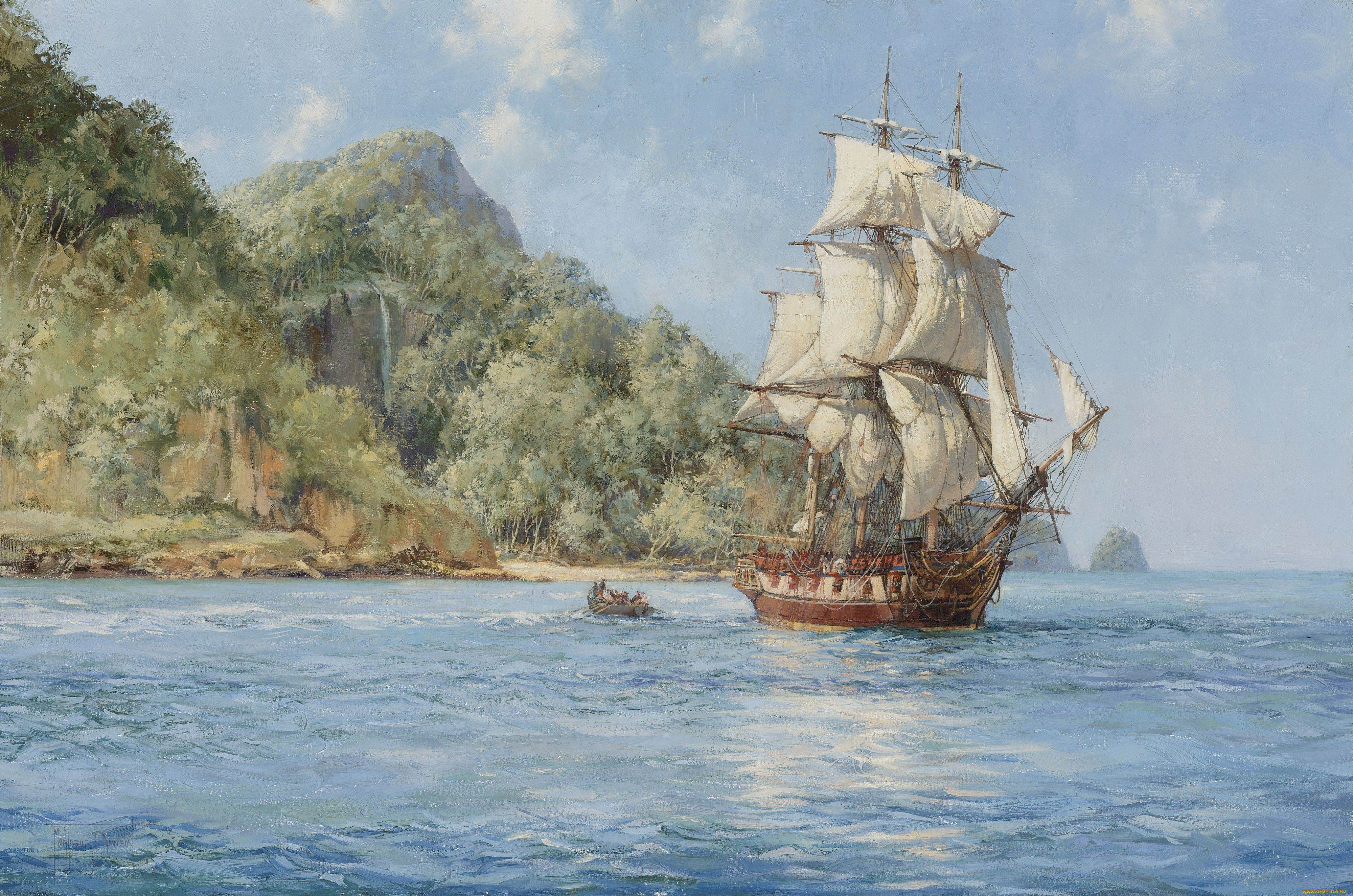 montague, dawson, рисованные, фрегат, море, парусник, шлюпка, лодка, берег, остров