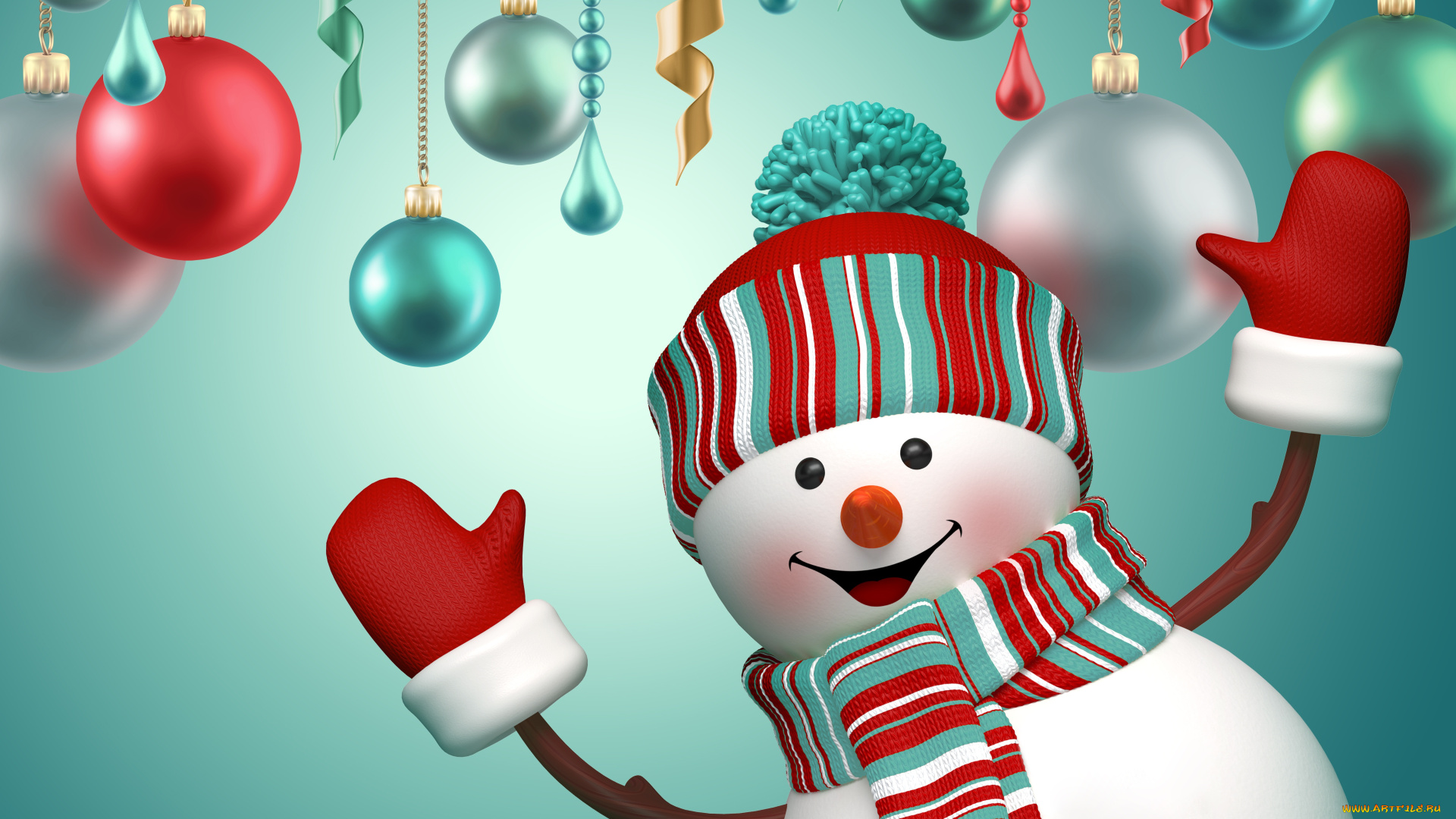 праздничные, 3д, графика, , новый, год, snowman, 3d, cute, merry, christmas, new, year, decoration, снеговик, новый, год, рождество, шары