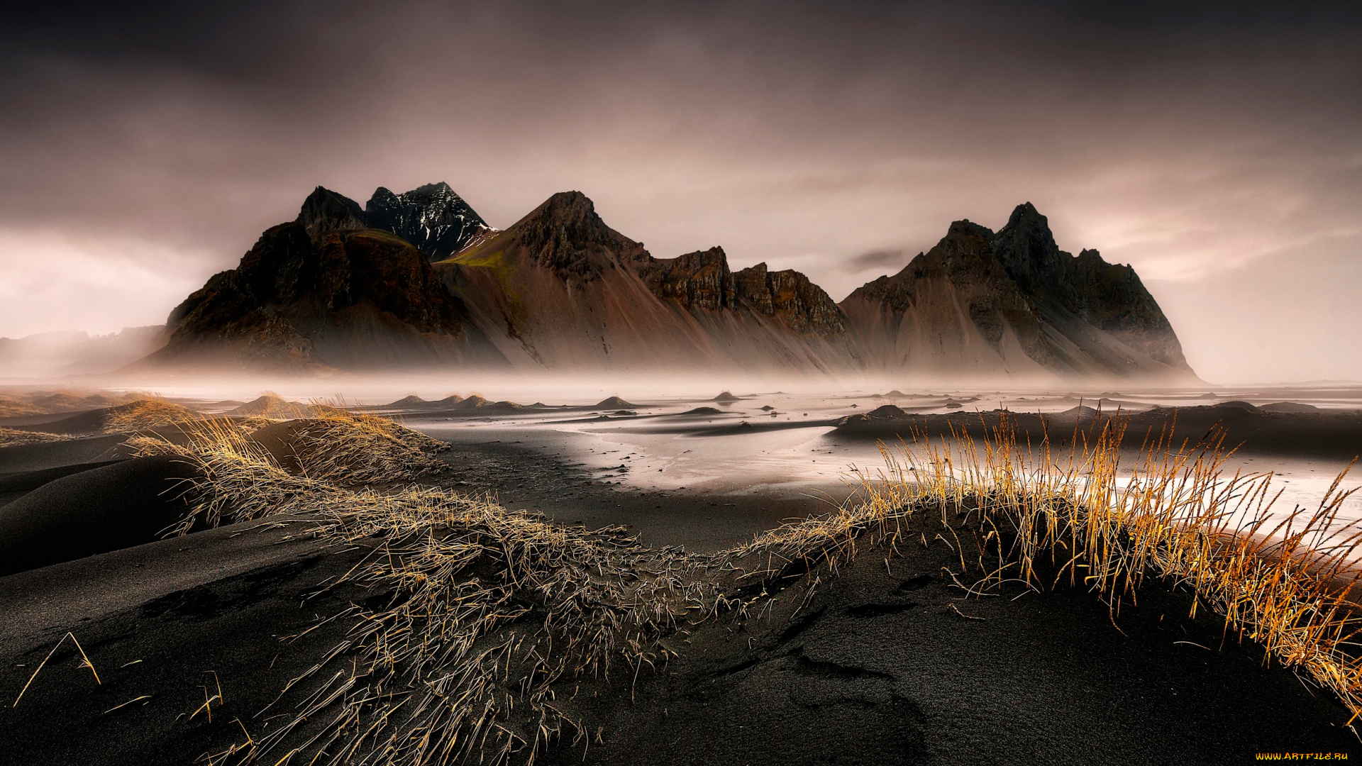 природа, горы, исландия, чёрный, песок, stokksnes