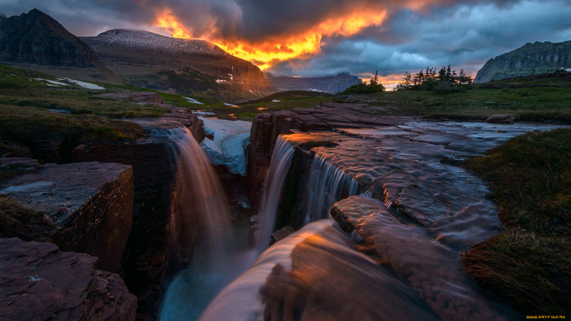 природа, водопады, водопад, thunder, mountain, ущелье, montana, glacier, national, park, закат, тучи, горы