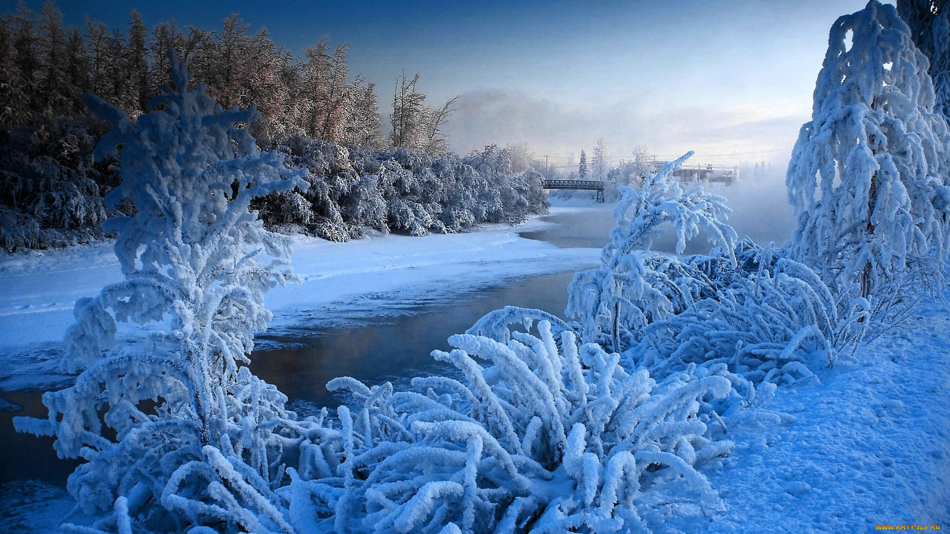 природа, зима, утро, небо, деревья, снег, река