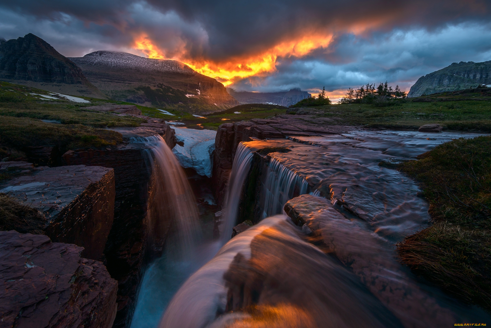 природа, водопады, водопад, thunder, mountain, ущелье, montana, glacier, national, park, закат, тучи, горы