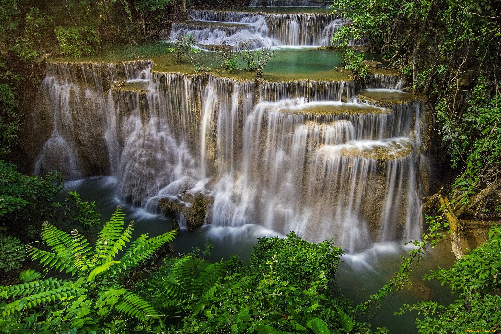природа, водопады, каскад, скалы, деревья, thailand