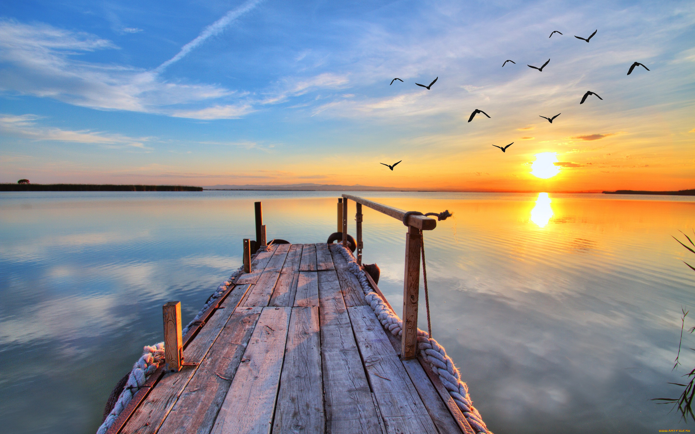 природа, восходы, закаты, landscape, nature, чайки, озеро, закат, pier, lake, sunset