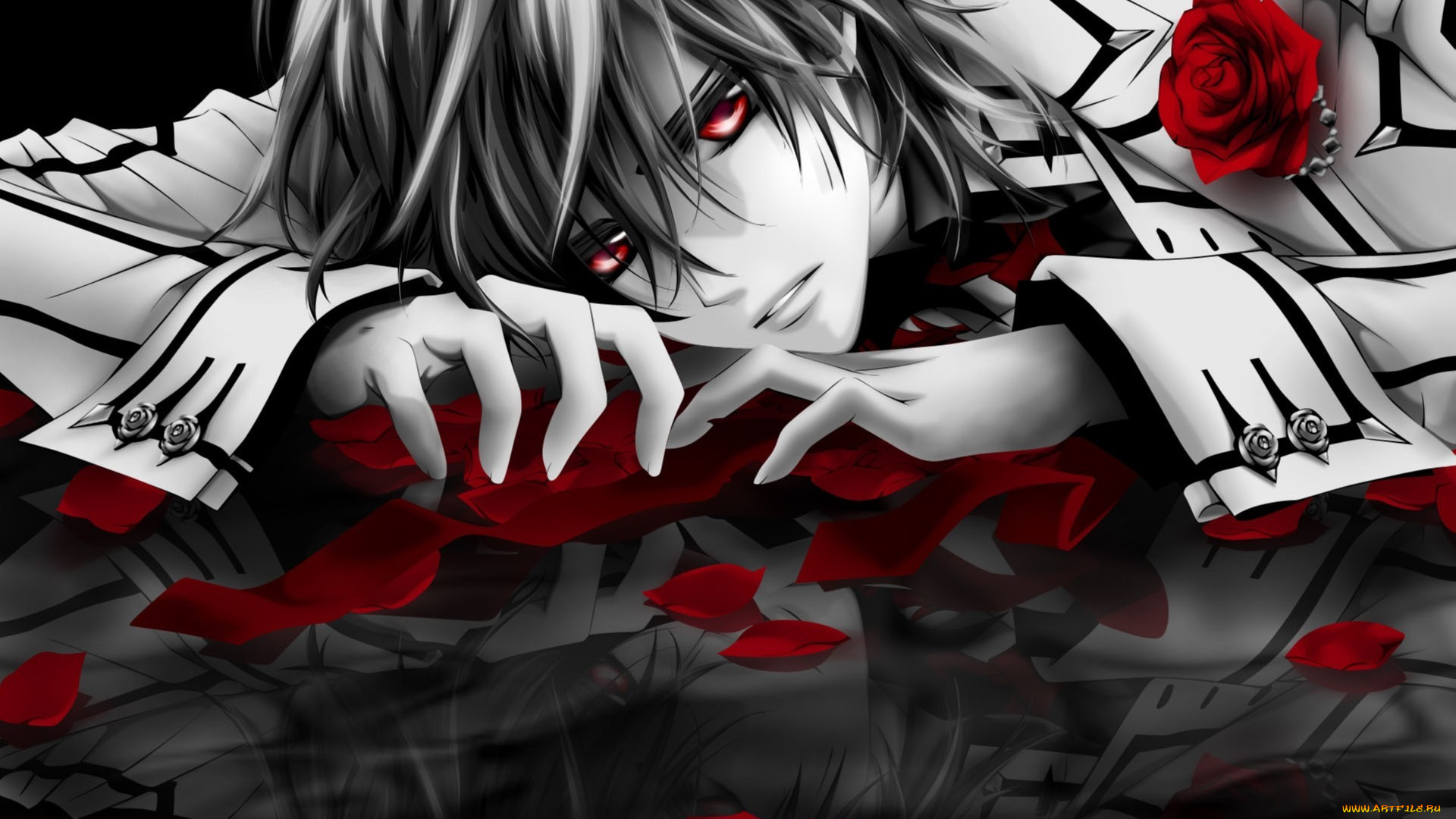 аниме, vampire, knight, kuran, kaname, красные, глаза, рыцарь-вампир, отражение, поверхность, лепестки, чистокровный, монохромное, вампир, vampire, knight, арт, куран, канаме, розы