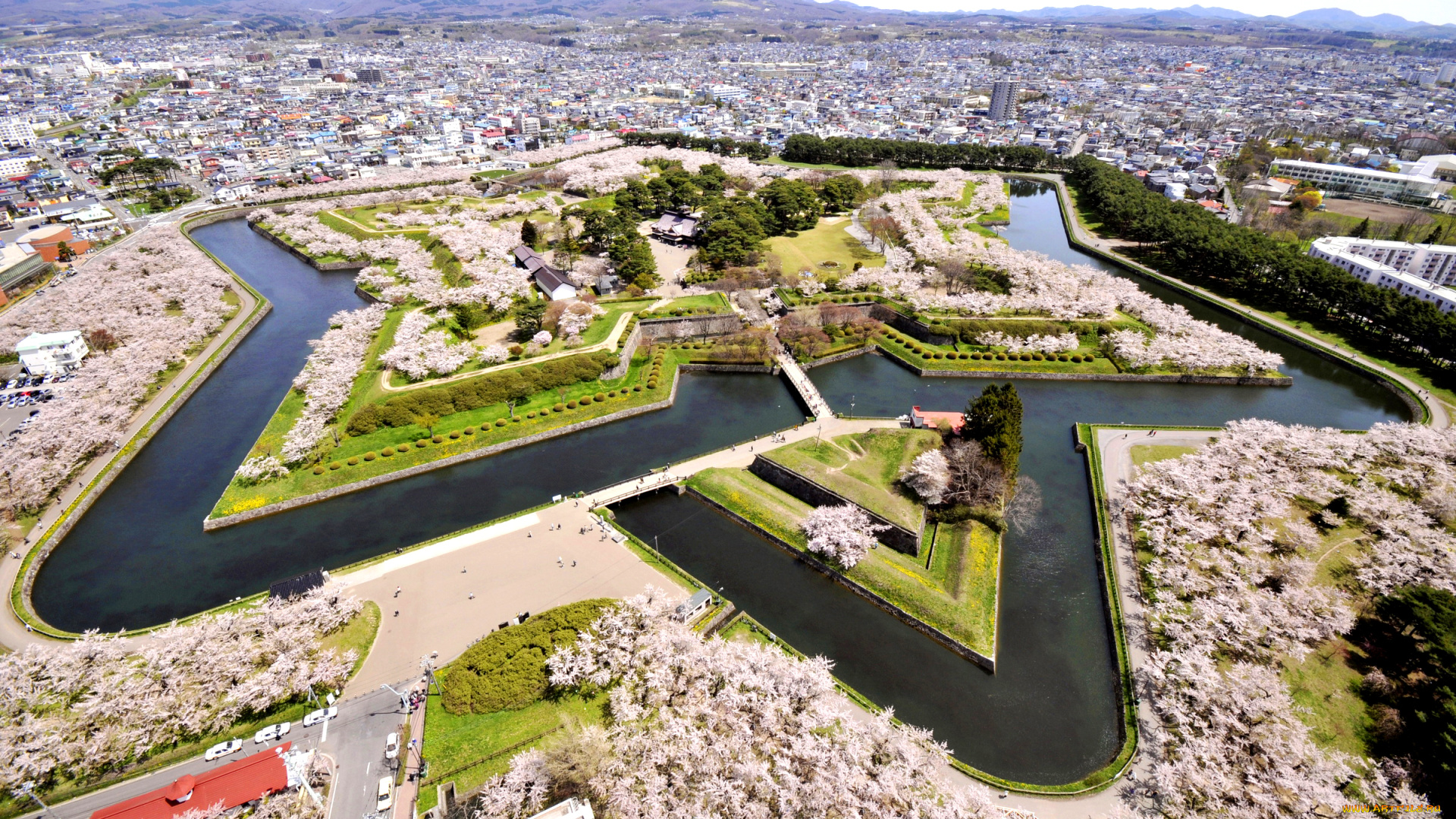 города, -, панорамы, hakodate, панорама, дизайн, goryokaku, park, Япония, парк, канал