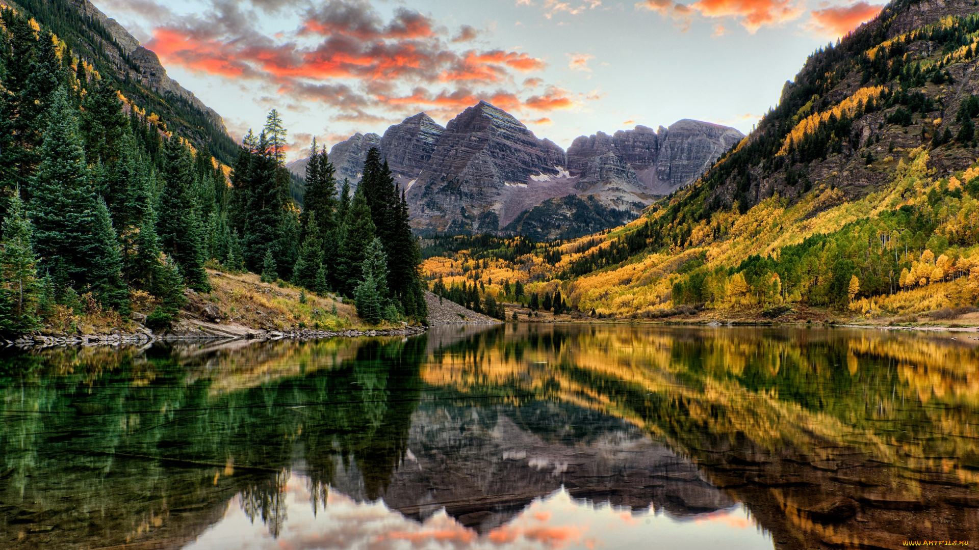 природа, реки, озера, отражение, вода, деревья, озеро, скалы, горы, осень, лес, colorado, maroon, bells, сша